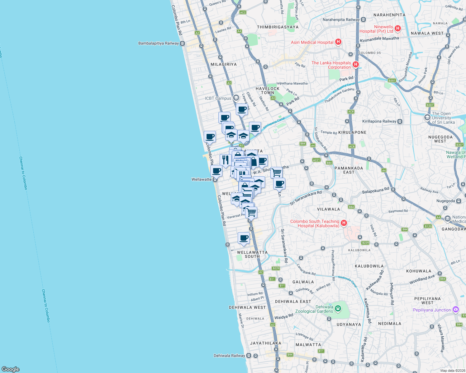 map of restaurants, bars, coffee shops, grocery stores, and more near Collingwood Place in Colombo