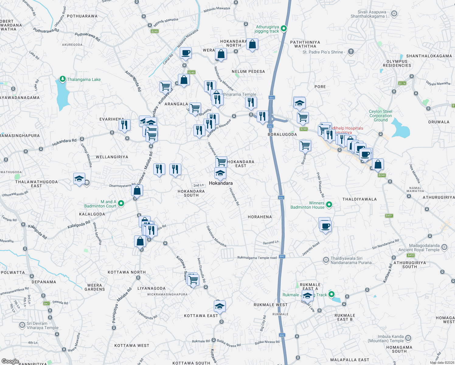 map of restaurants, bars, coffee shops, grocery stores, and more near Horahena Road in Hokandara
