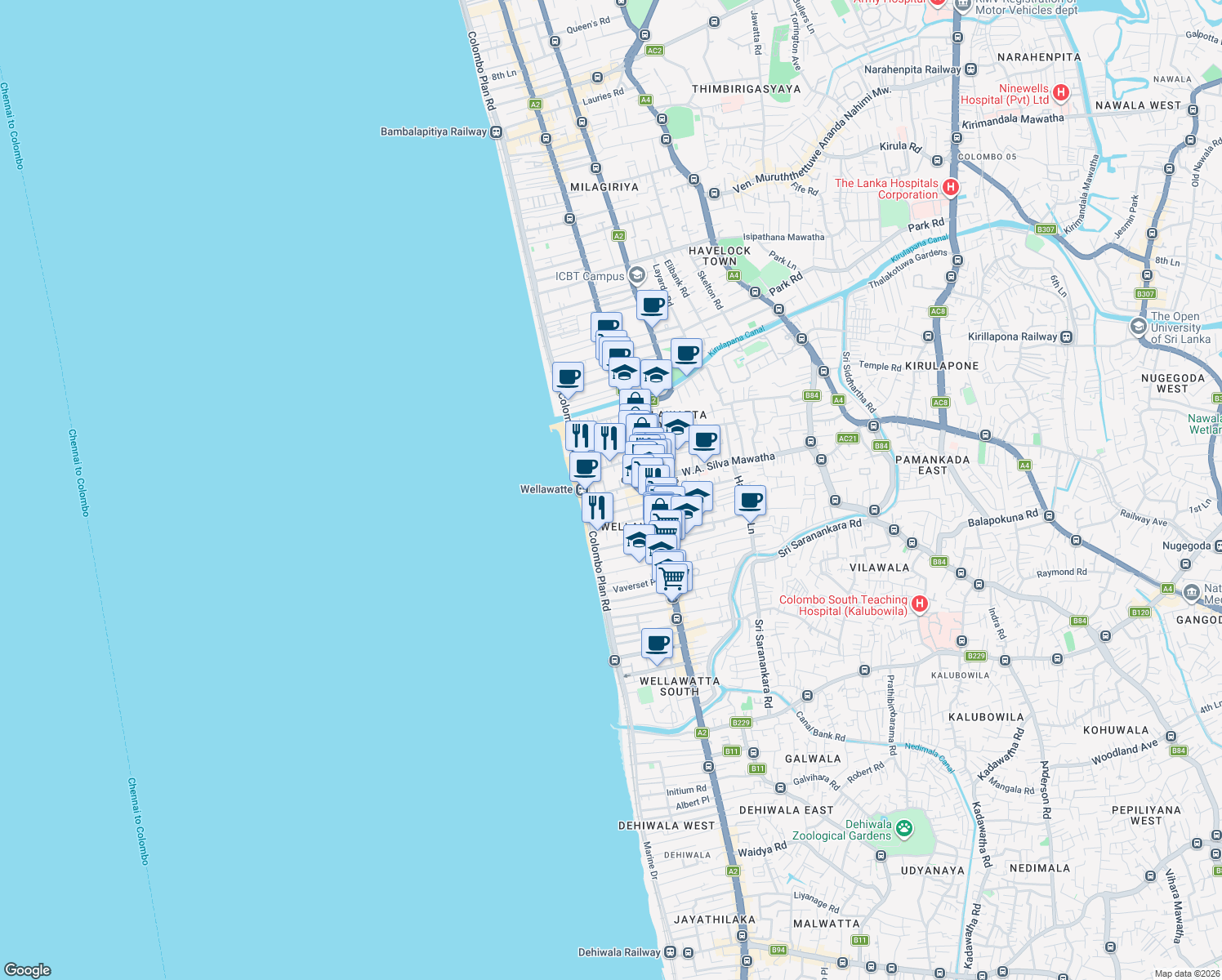map of restaurants, bars, coffee shops, grocery stores, and more near Wellawatta Station Road in Colombo