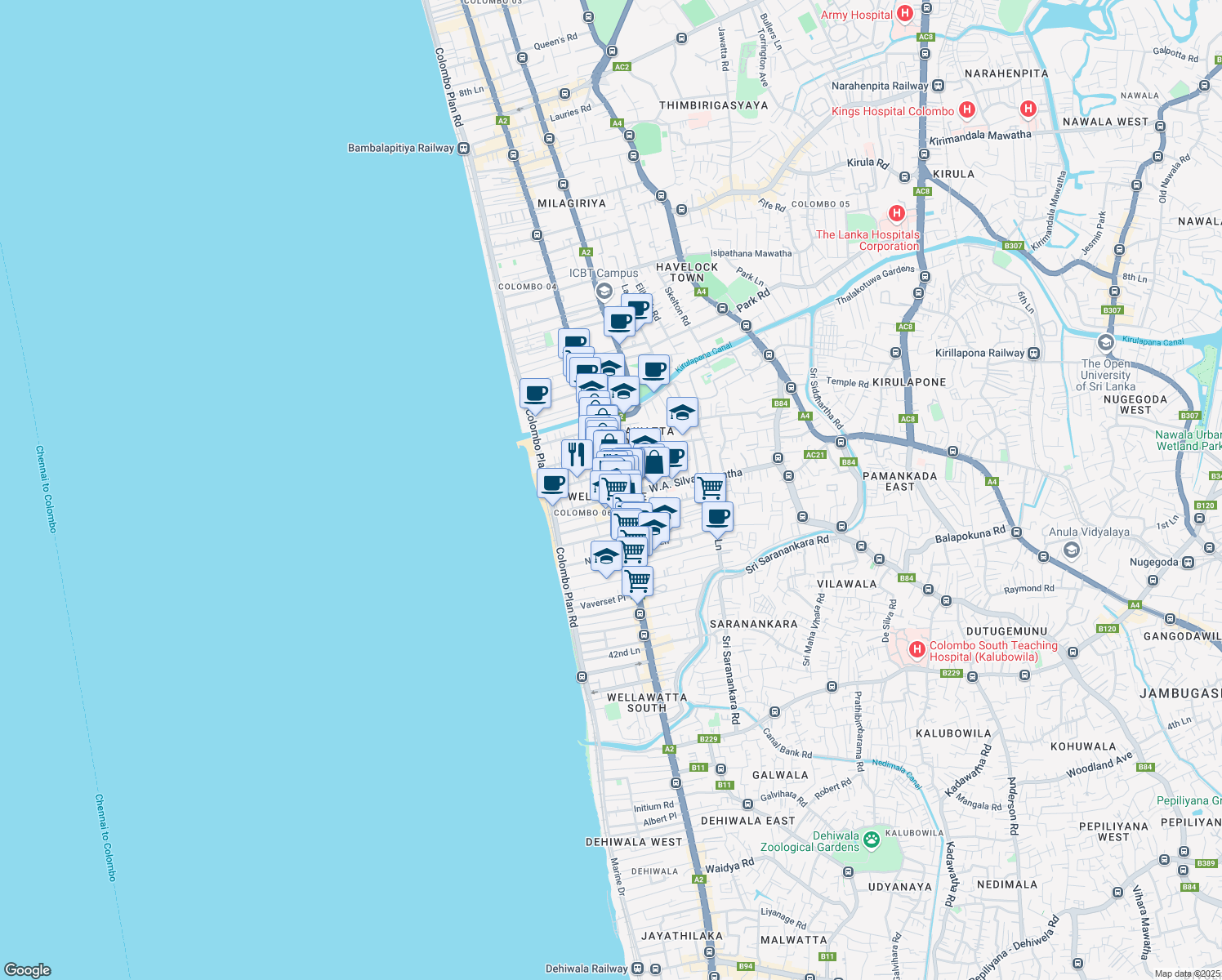 map of restaurants, bars, coffee shops, grocery stores, and more near Malwatta Road in Dehiwala-Mount Lavinia