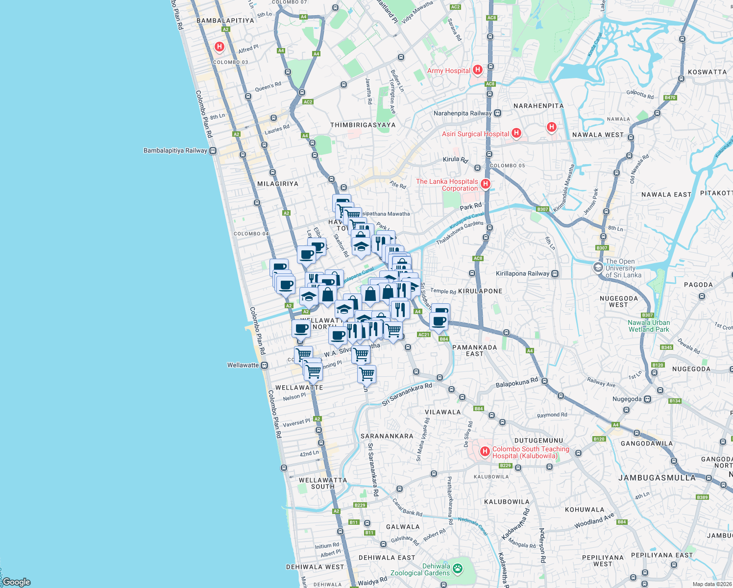 map of restaurants, bars, coffee shops, grocery stores, and more near 66 Mayura Place in Colombo
