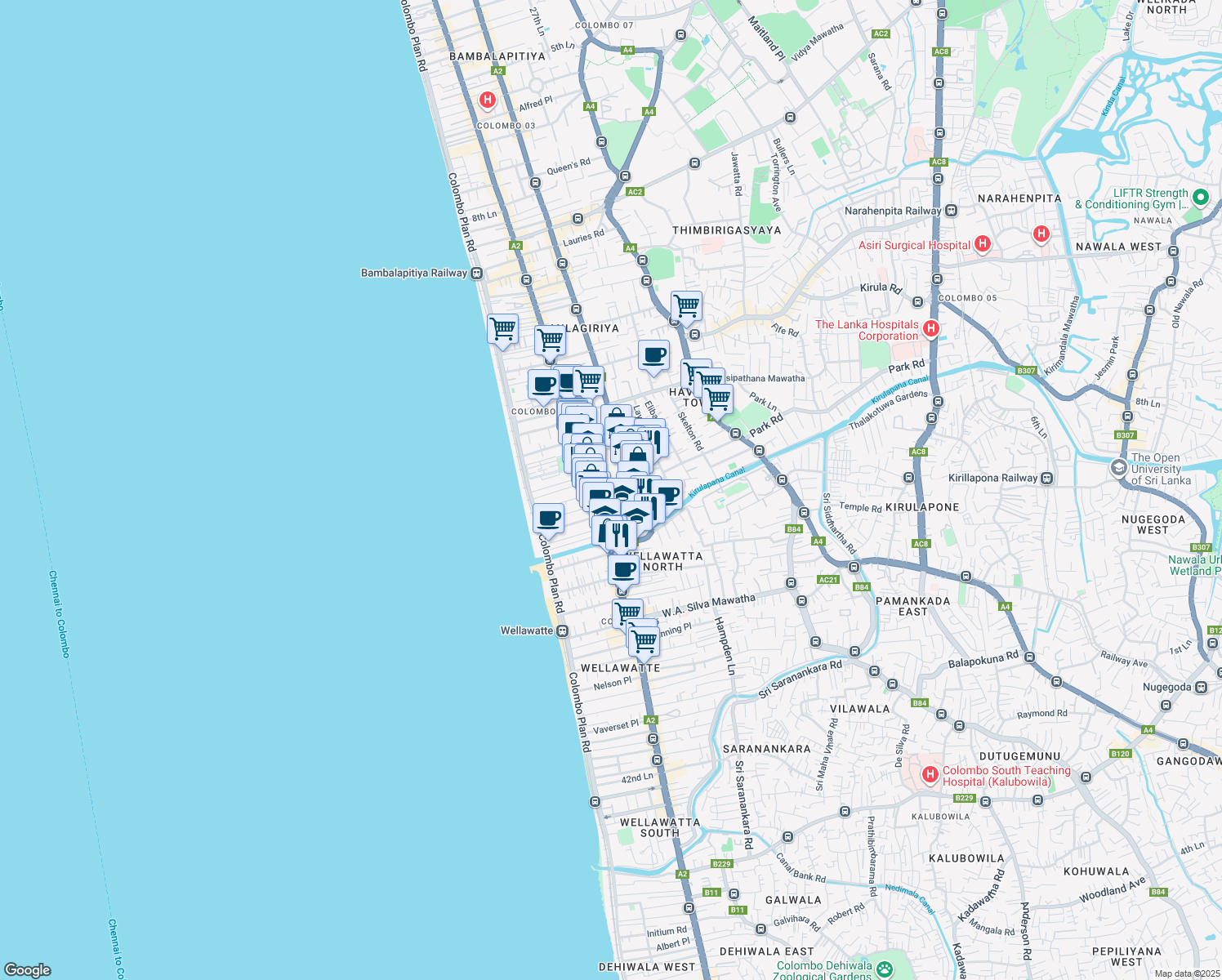 map of restaurants, bars, coffee shops, grocery stores, and more near Davidson Road in Colombo