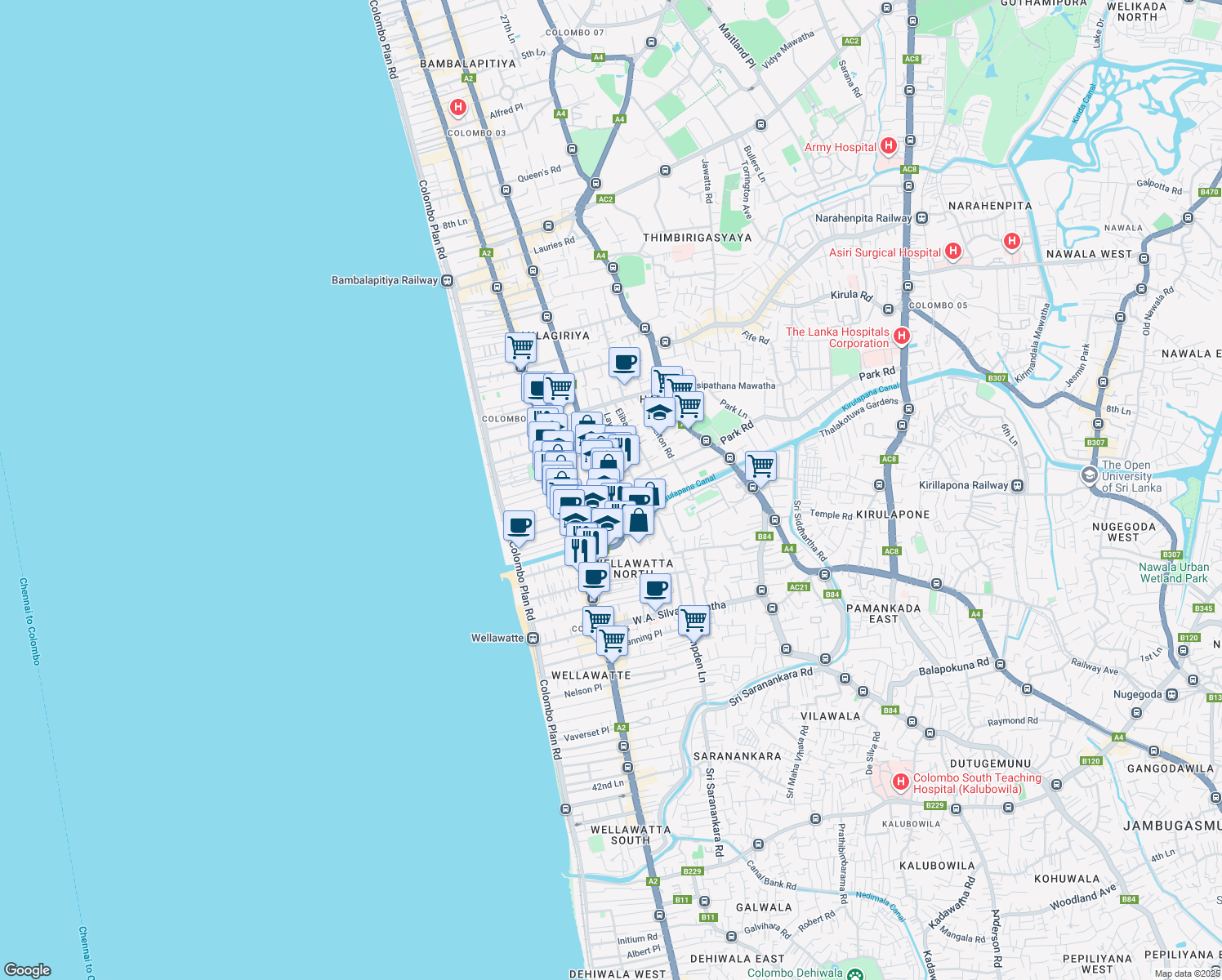 map of restaurants, bars, coffee shops, grocery stores, and more near Davidson Road in Colombo