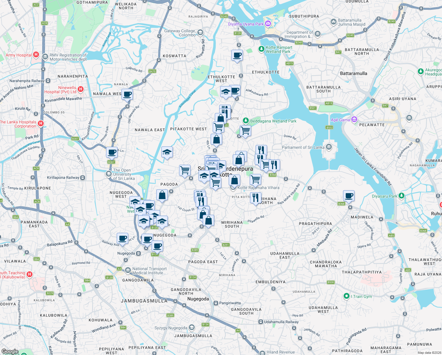 map of restaurants, bars, coffee shops, grocery stores, and more near Ananda Sastralaya Road in Sri Jayawardenepura Kotte