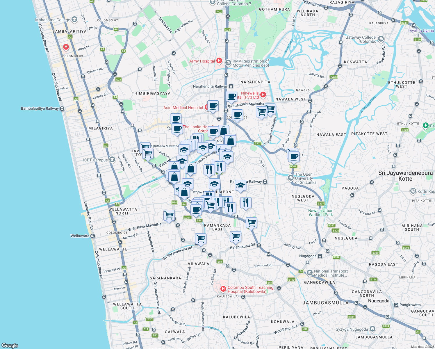 map of restaurants, bars, coffee shops, grocery stores, and more near 137 Kirulapone Avenue in Colombo