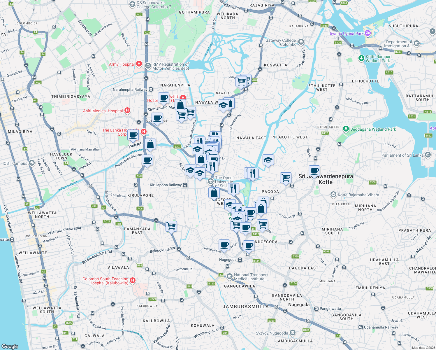 map of restaurants, bars, coffee shops, grocery stores, and more near Temple Road in Sri Jayawardenepura Kotte
