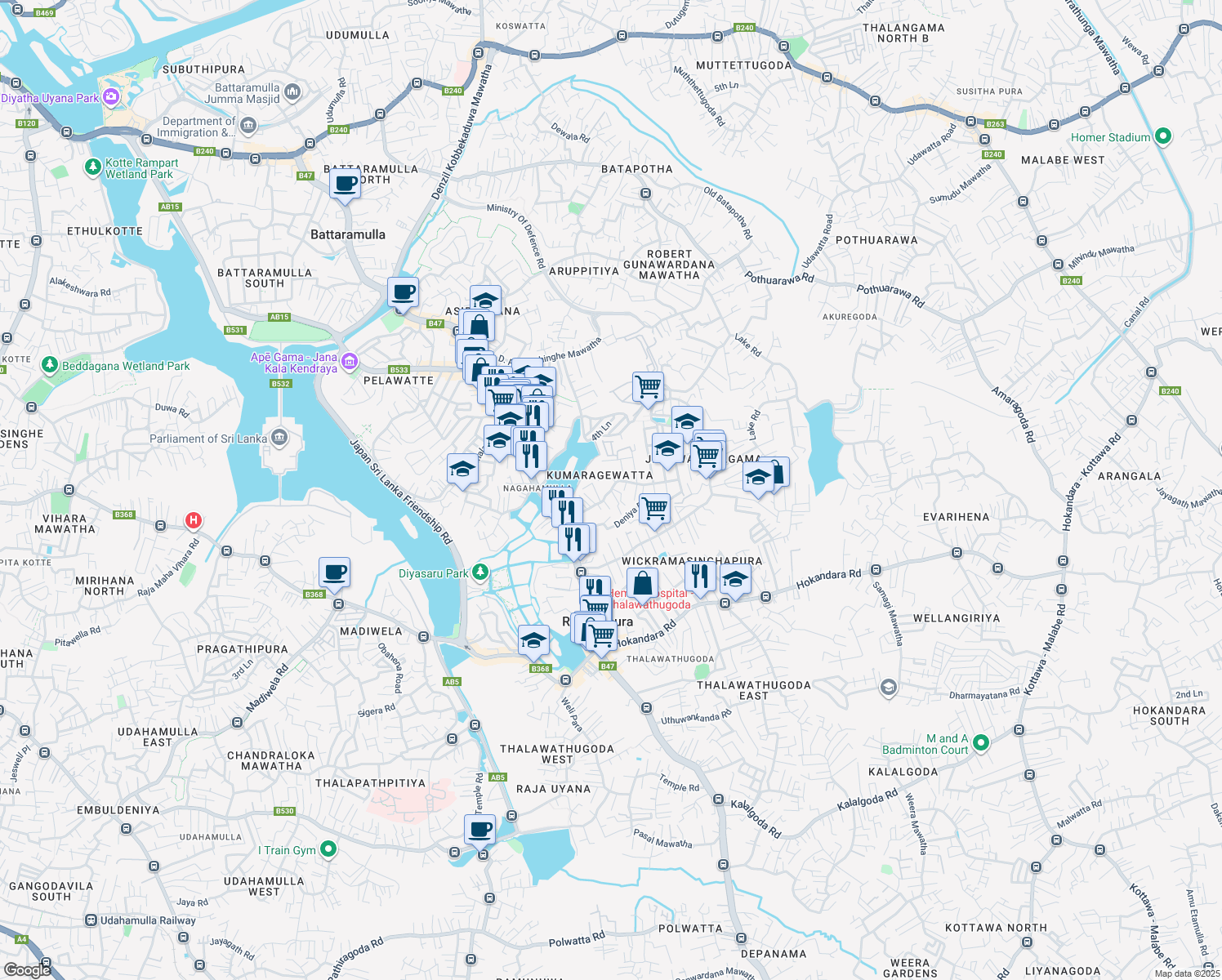 map of restaurants, bars, coffee shops, grocery stores, and more near Kumarage Watta Road in Colombo