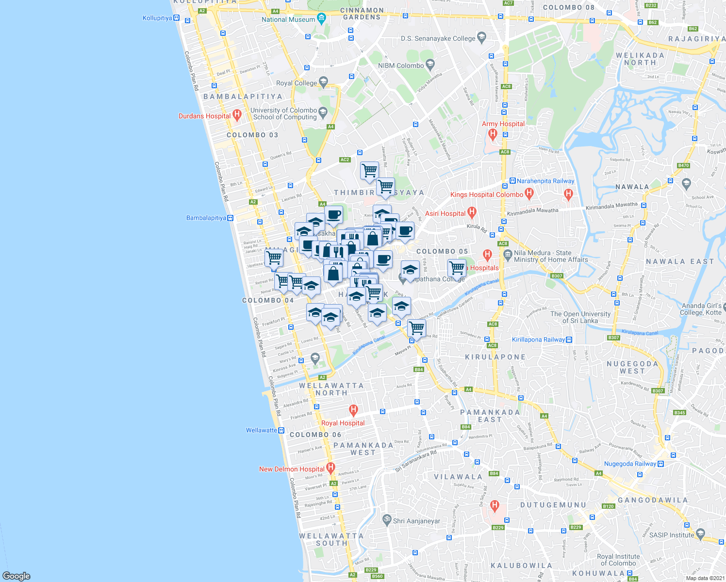 map of restaurants, bars, coffee shops, grocery stores, and more near in Colombo