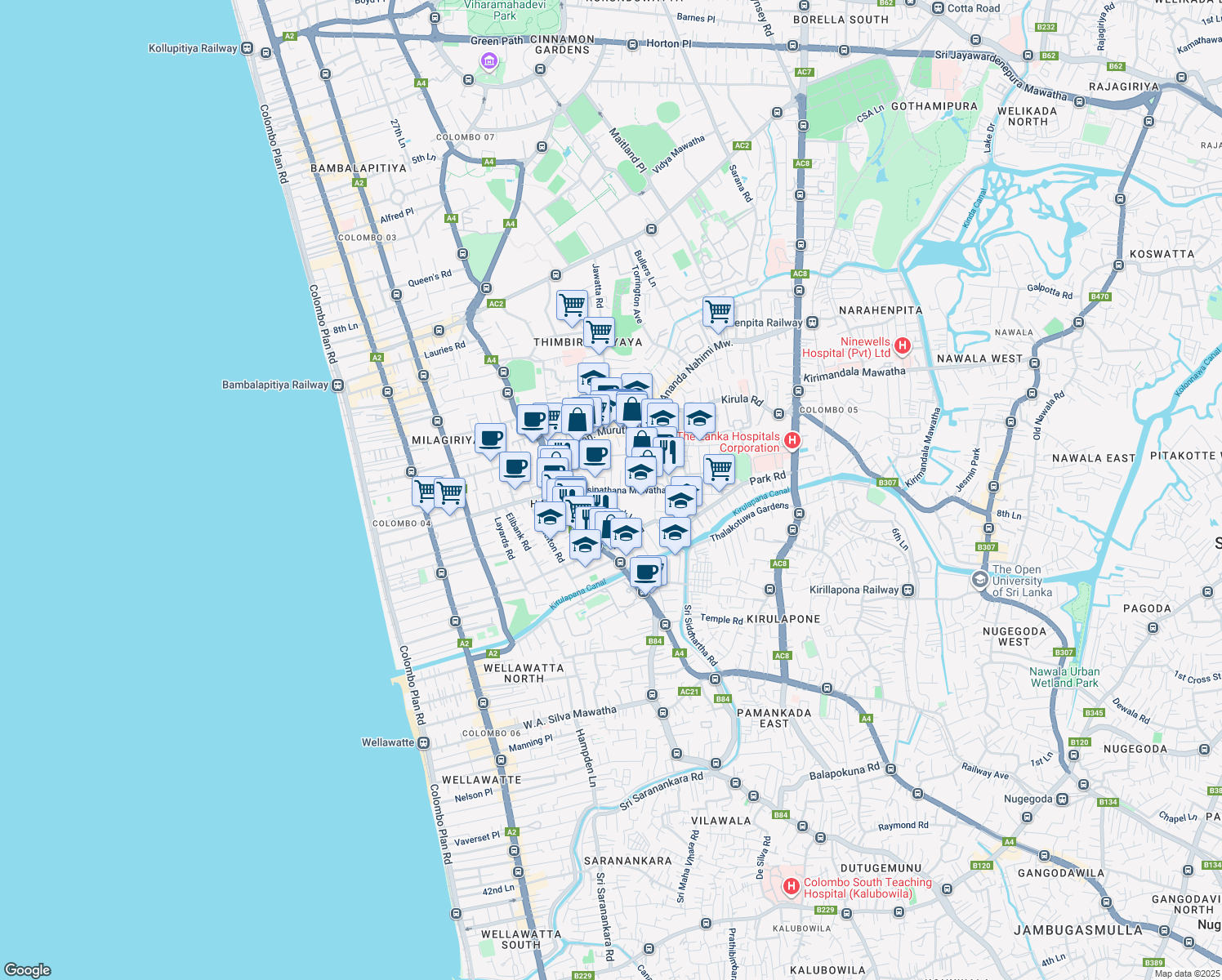 map of restaurants, bars, coffee shops, grocery stores, and more near Isipathana Mawatha in Colombo