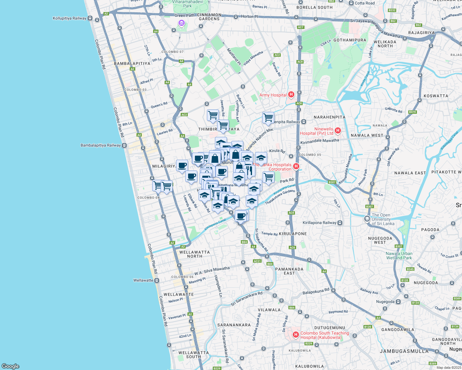 map of restaurants, bars, coffee shops, grocery stores, and more near Isipathana Mawatha in Colombo