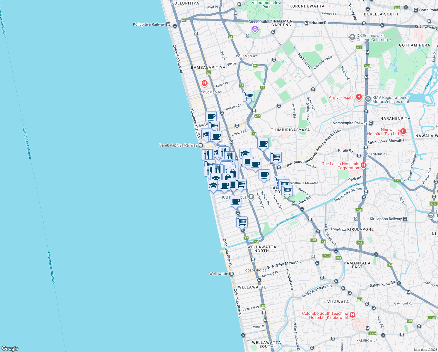 map of restaurants, bars, coffee shops, grocery stores, and more near in Colombo