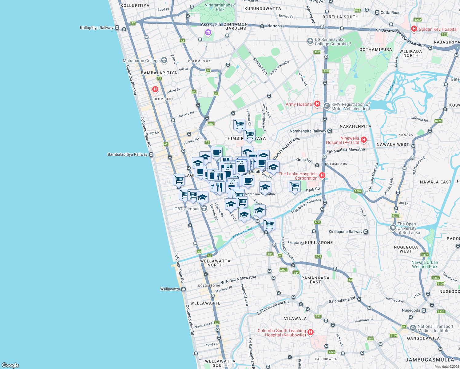 map of restaurants, bars, coffee shops, grocery stores, and more near Sri Sambuddhathva Jayanthi Mawatha in Colombo