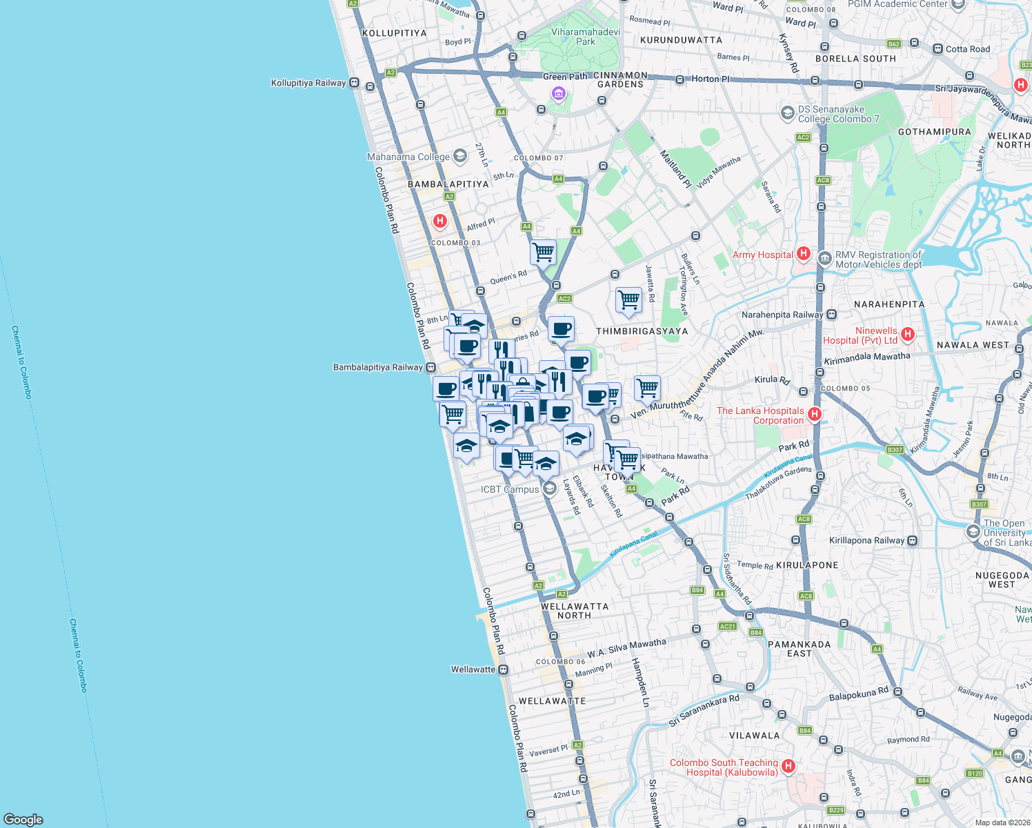 map of restaurants, bars, coffee shops, grocery stores, and more near 20 Vajira Road in Colombo