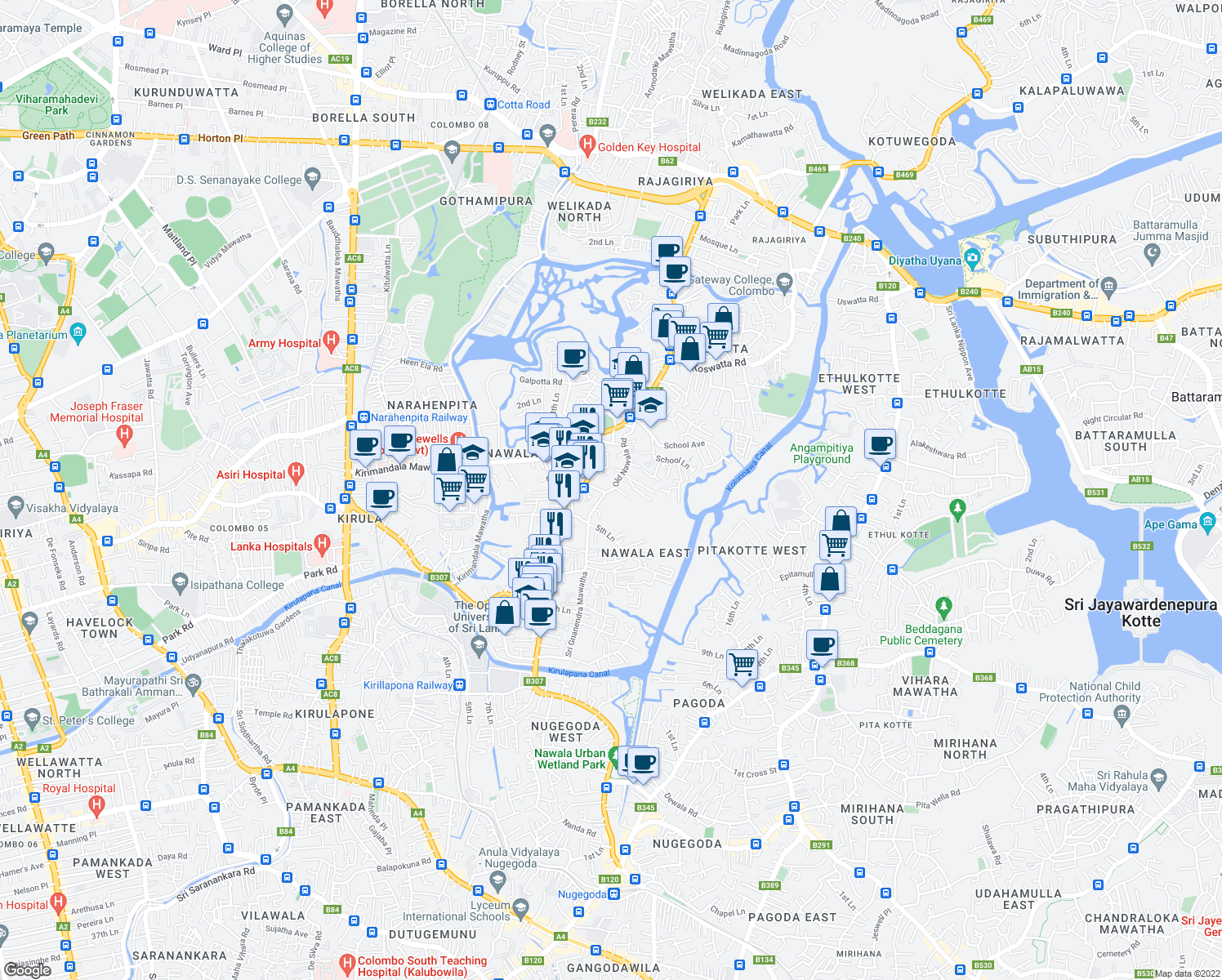map of restaurants, bars, coffee shops, grocery stores, and more near Old Nawala Road in Sri Jayawardenepura Kotte