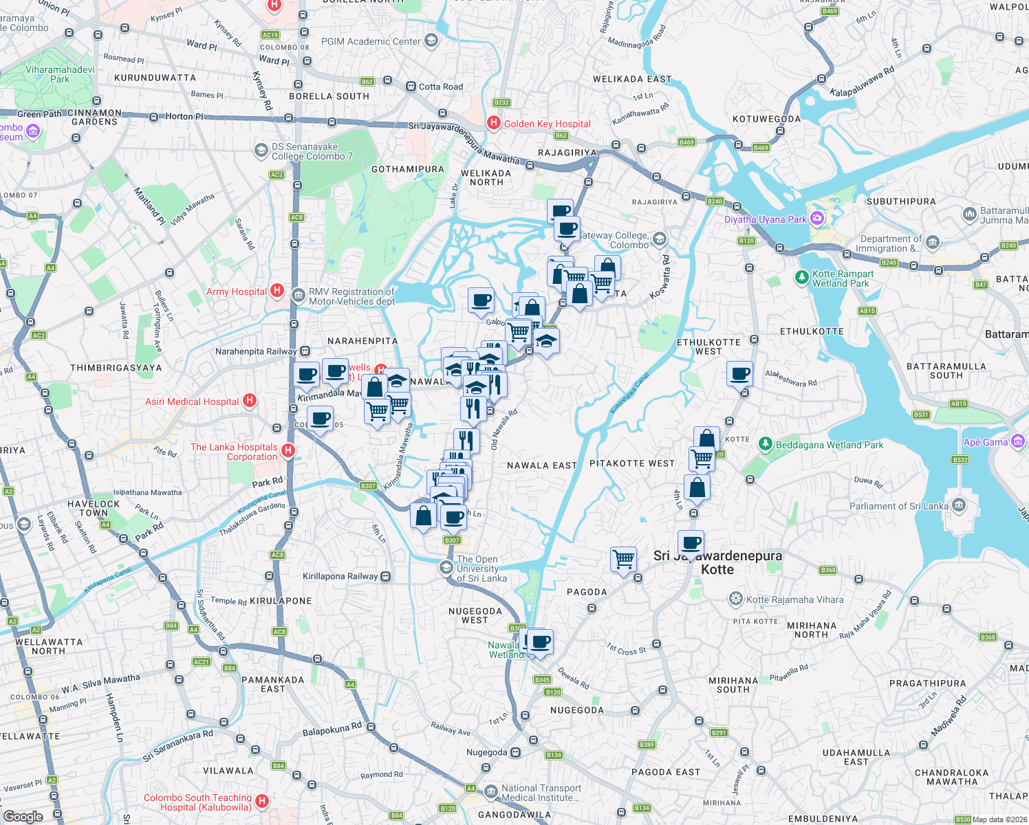 map of restaurants, bars, coffee shops, grocery stores, and more near Old Nawala Road in Sri Jayawardenepura Kotte