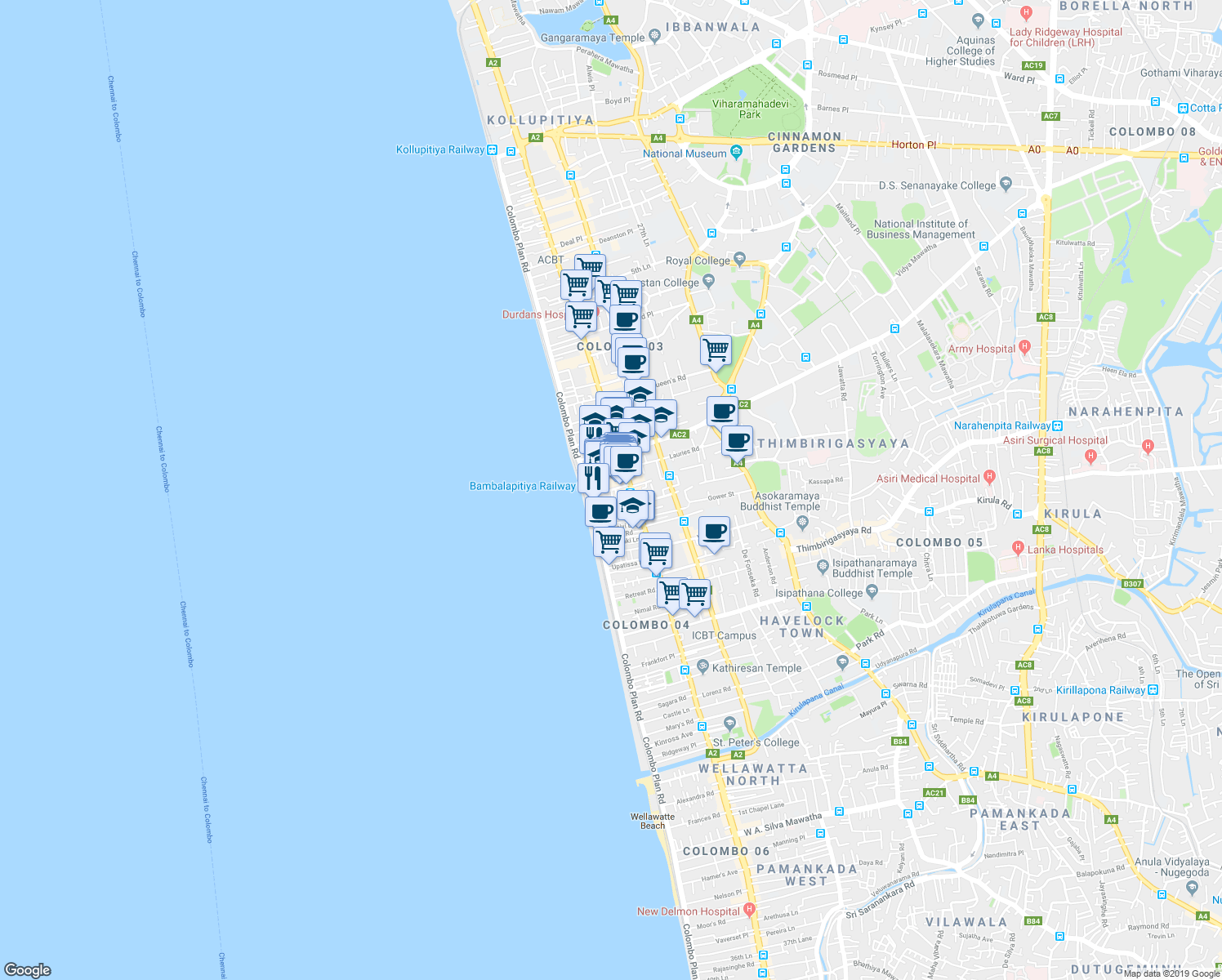 map of restaurants, bars, coffee shops, grocery stores, and more near Station Road in Colombo