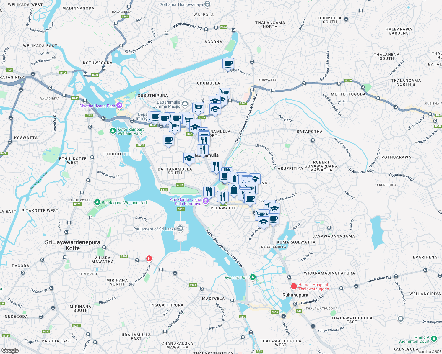 map of restaurants, bars, coffee shops, grocery stores, and more near in Battaramulla