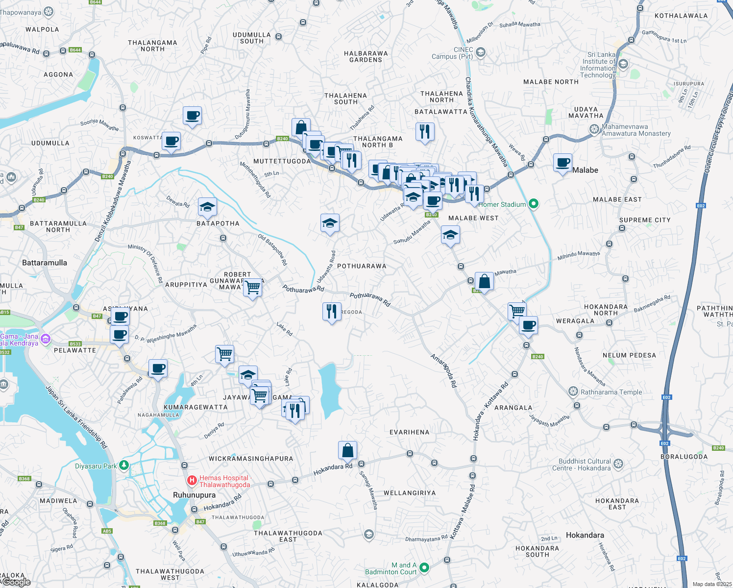 map of restaurants, bars, coffee shops, grocery stores, and more near Pothuarawa Road in Sri Jayawardenepura Kotte