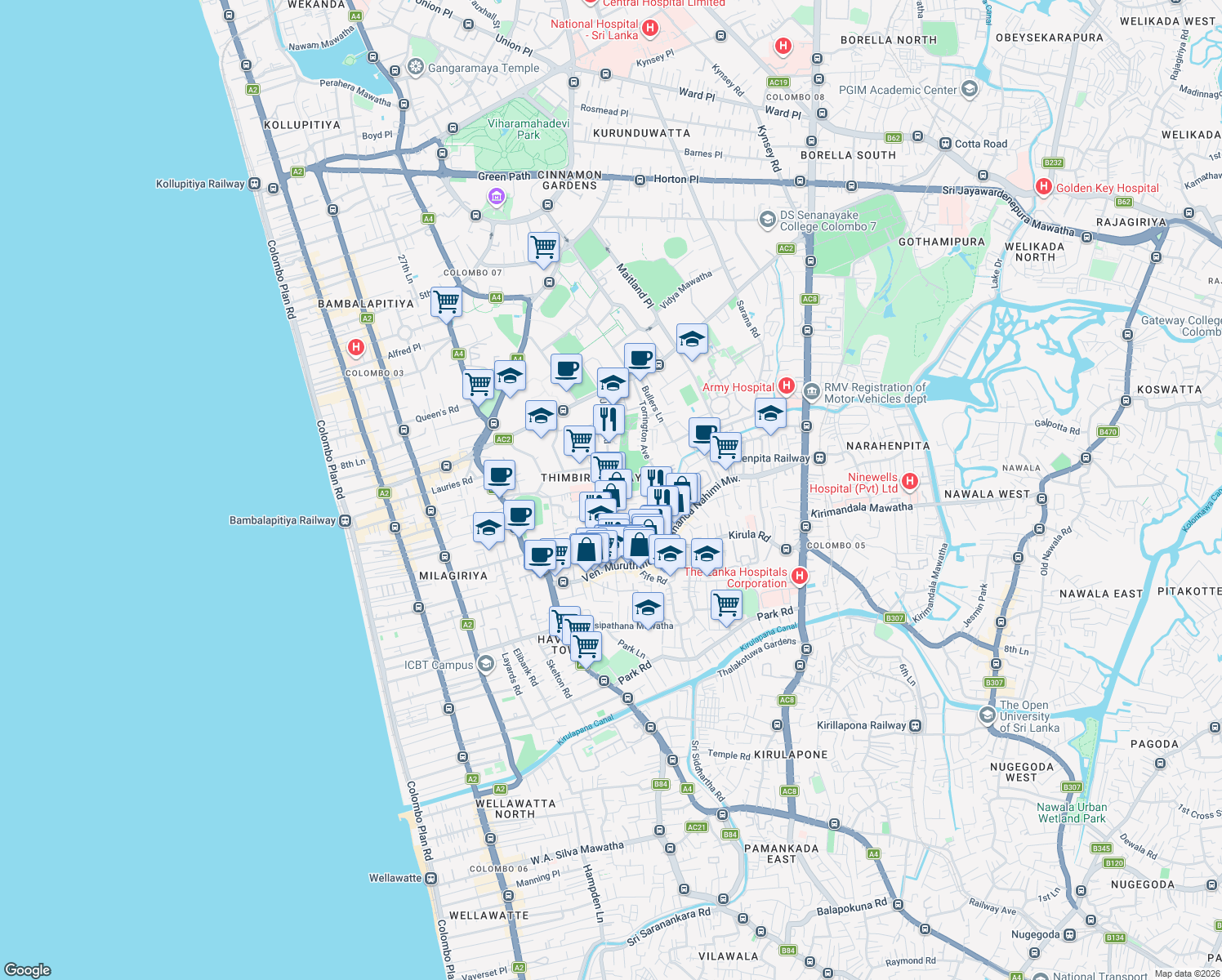 map of restaurants, bars, coffee shops, grocery stores, and more near Jawatta Road in Colombo