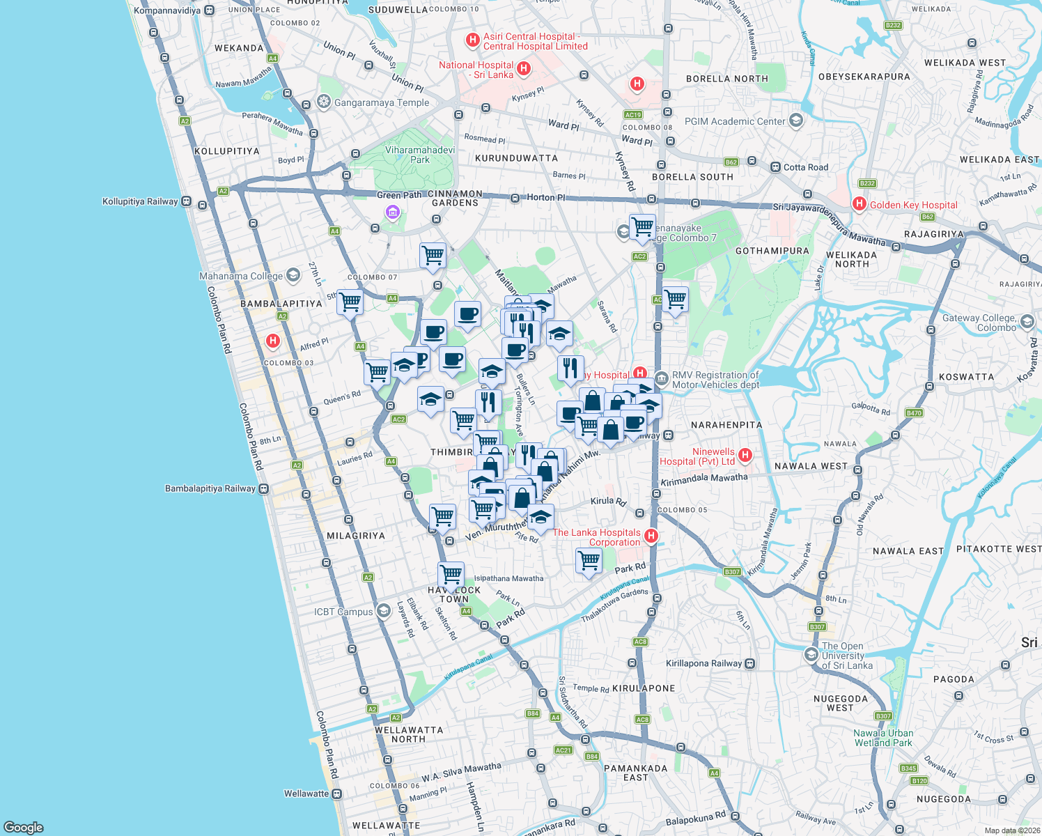 map of restaurants, bars, coffee shops, grocery stores, and more near 7 Torrington Avenue in Colombo