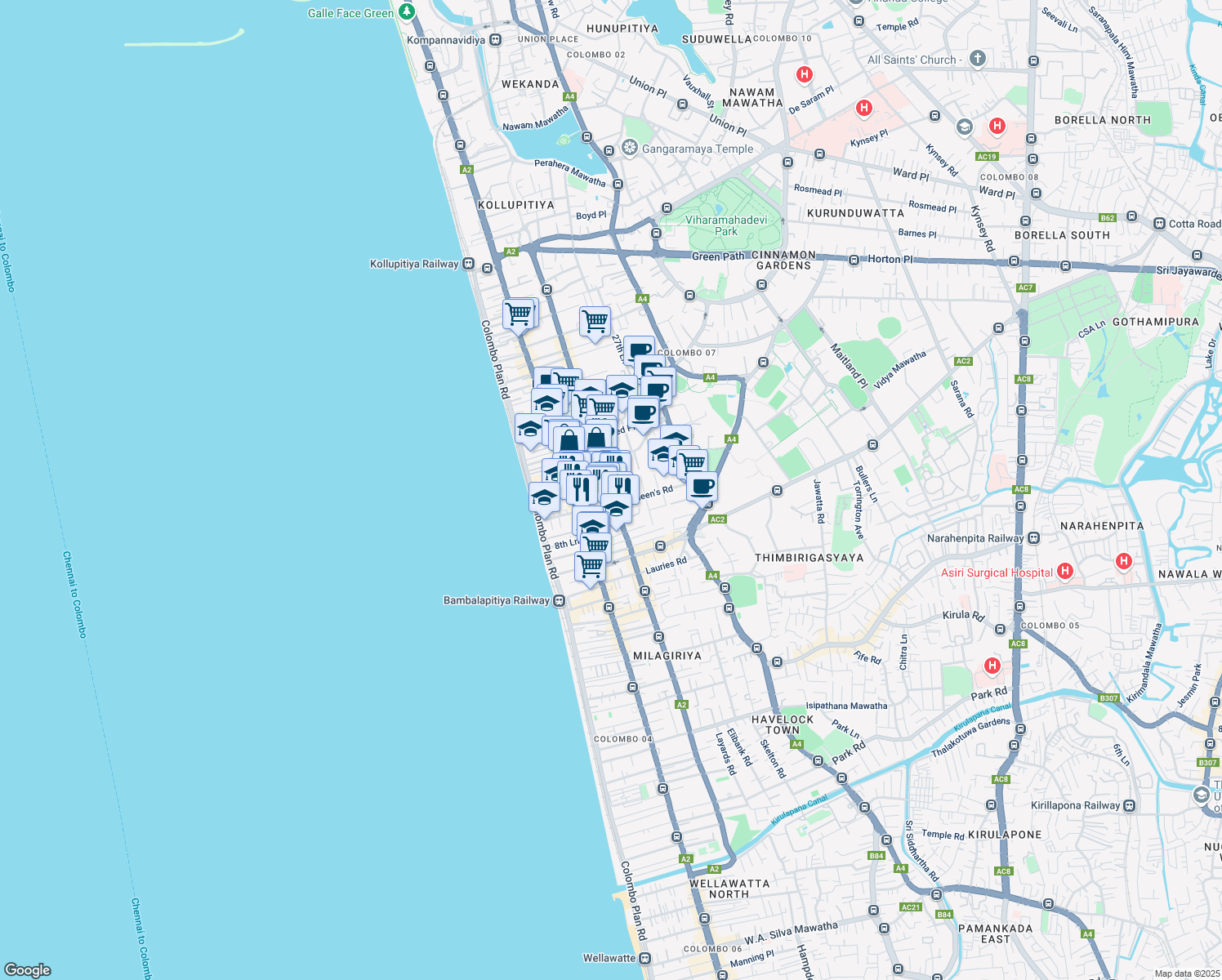map of restaurants, bars, coffee shops, grocery stores, and more near R A De Mel Mawatha in Colombo
