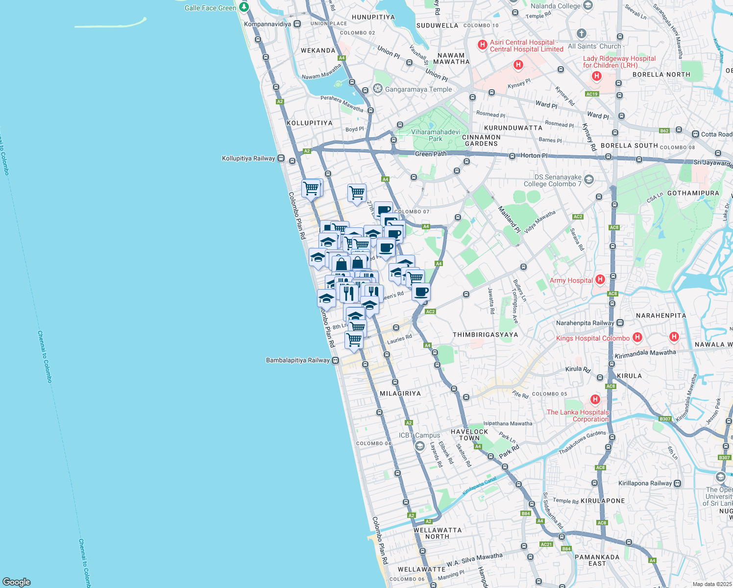 map of restaurants, bars, coffee shops, grocery stores, and more near R A De Mel Mawatha in Colombo
