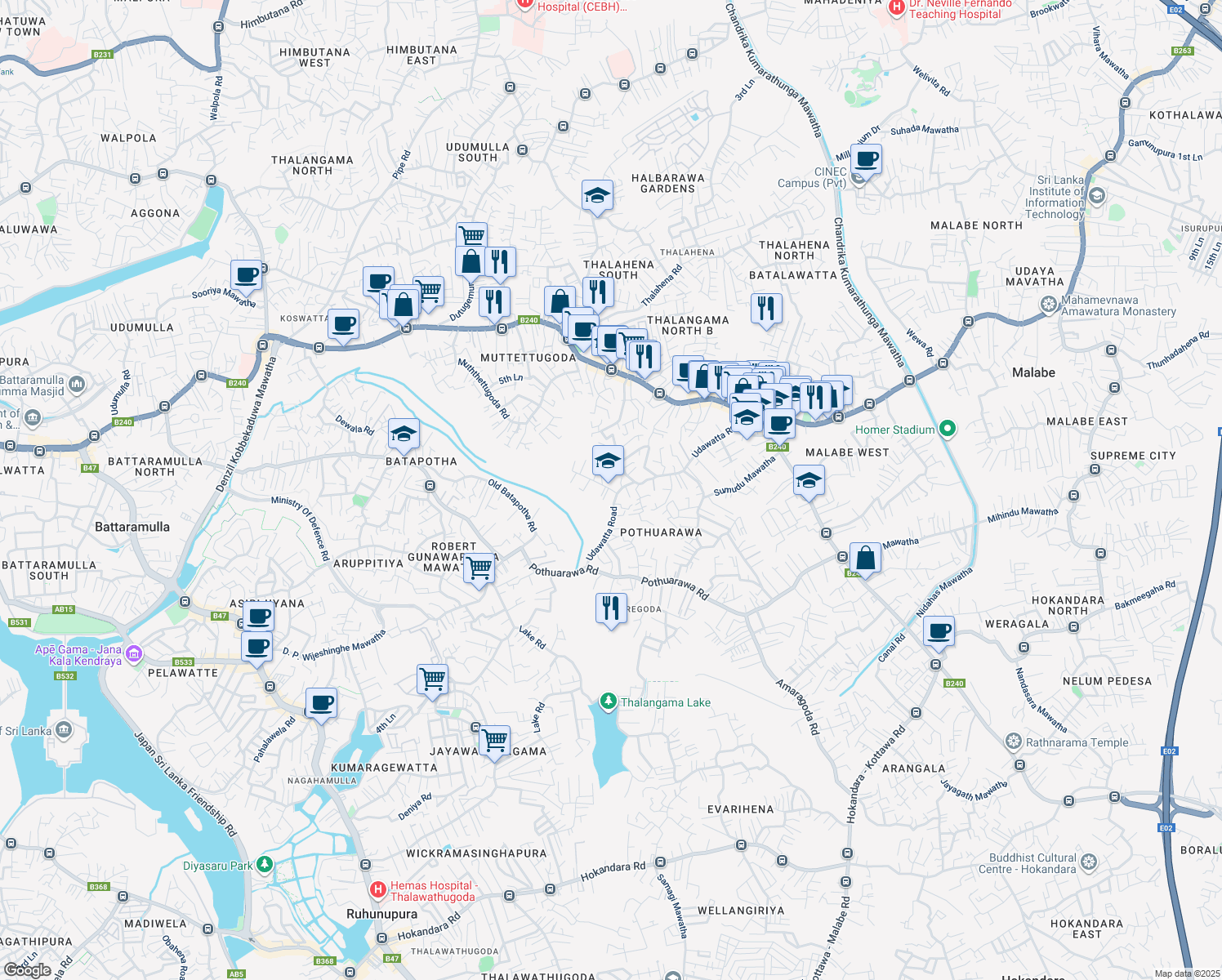 map of restaurants, bars, coffee shops, grocery stores, and more near Mahawatta Road in Colombo