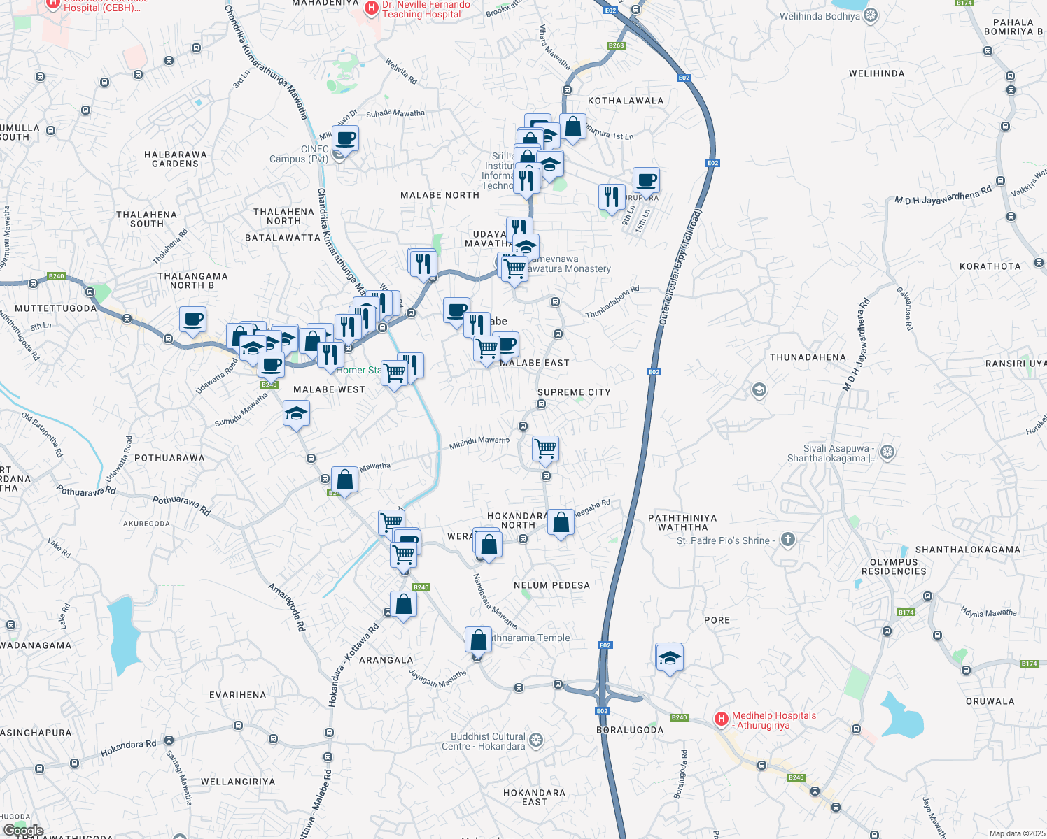 map of restaurants, bars, coffee shops, grocery stores, and more near Kahanthota Road in Malabe
