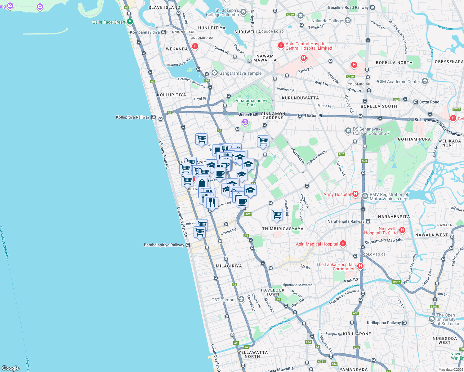 map of restaurants, bars, coffee shops, grocery stores, and more near Cumaratunga Munidasa Mawatha in Colombo