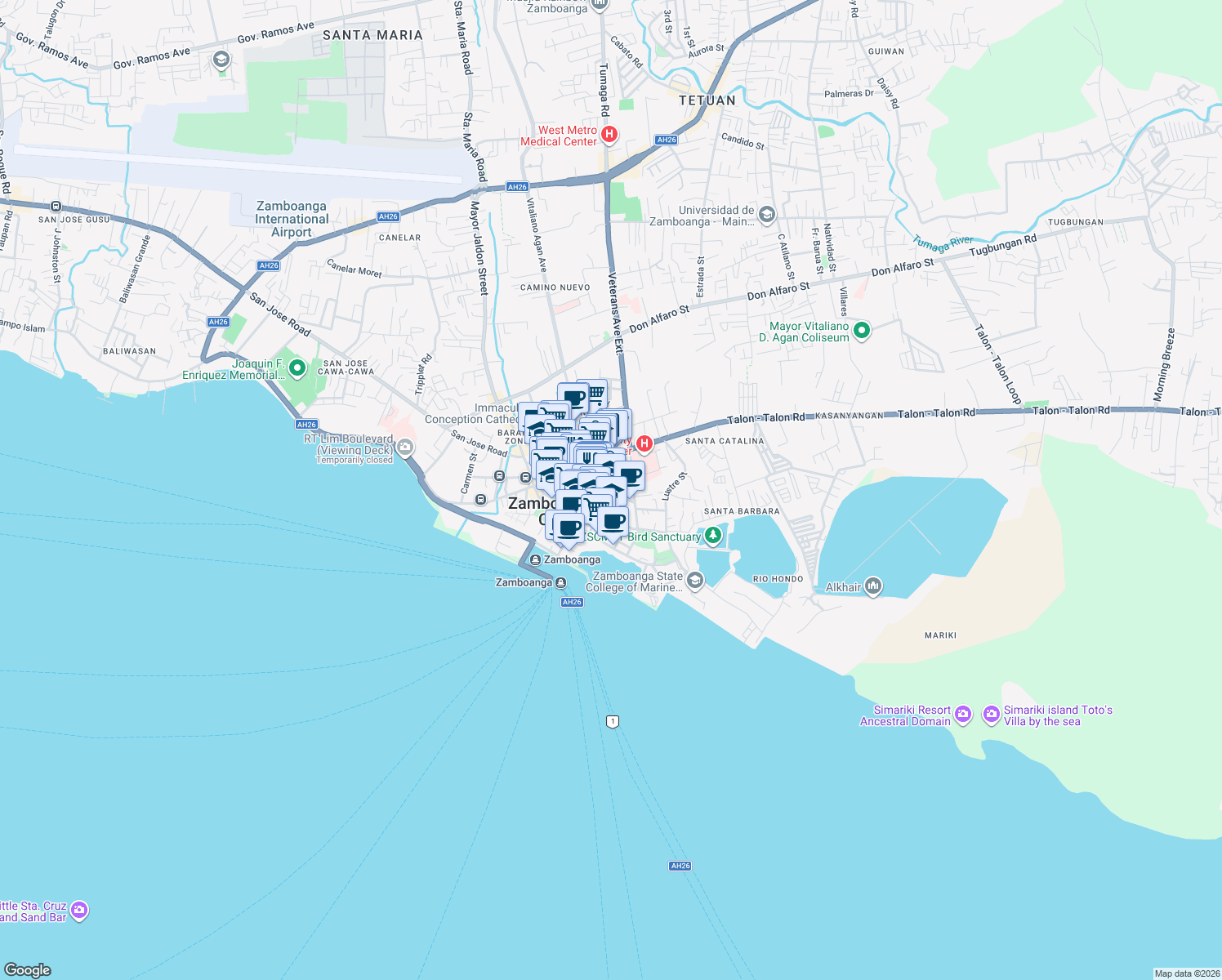 map of restaurants, bars, coffee shops, grocery stores, and more near Pilar Street in Zamboanga City