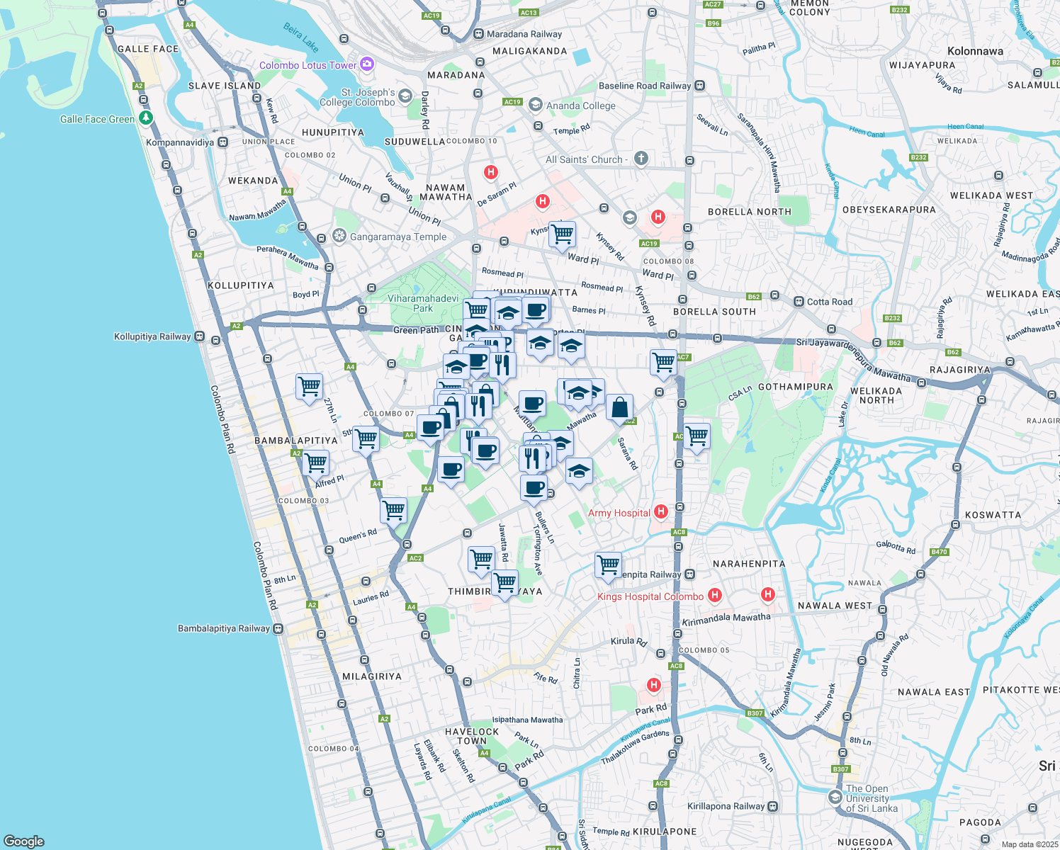 map of restaurants, bars, coffee shops, grocery stores, and more near Maitland Place in Colombo