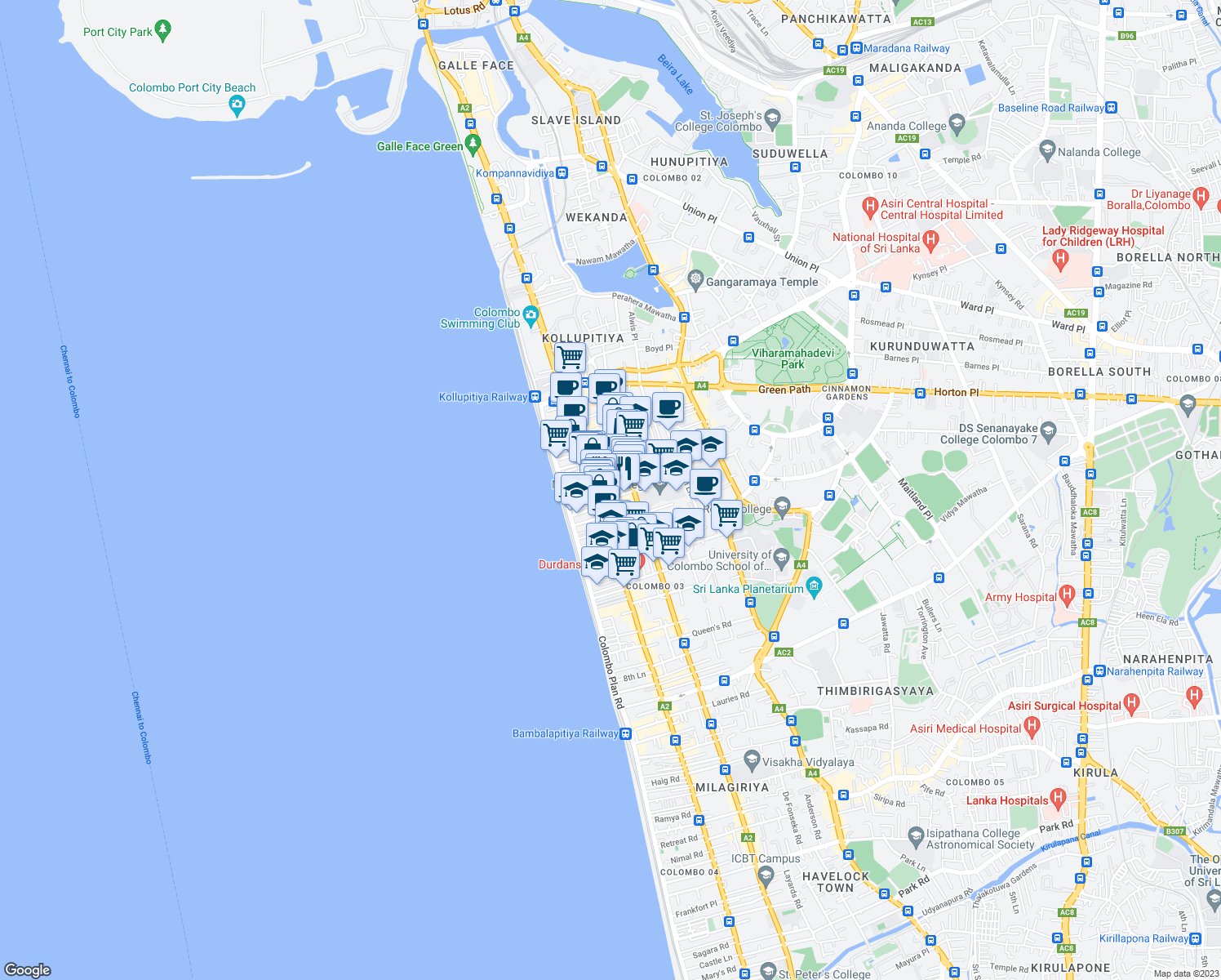 map of restaurants, bars, coffee shops, grocery stores, and more near Deal Place in Colombo