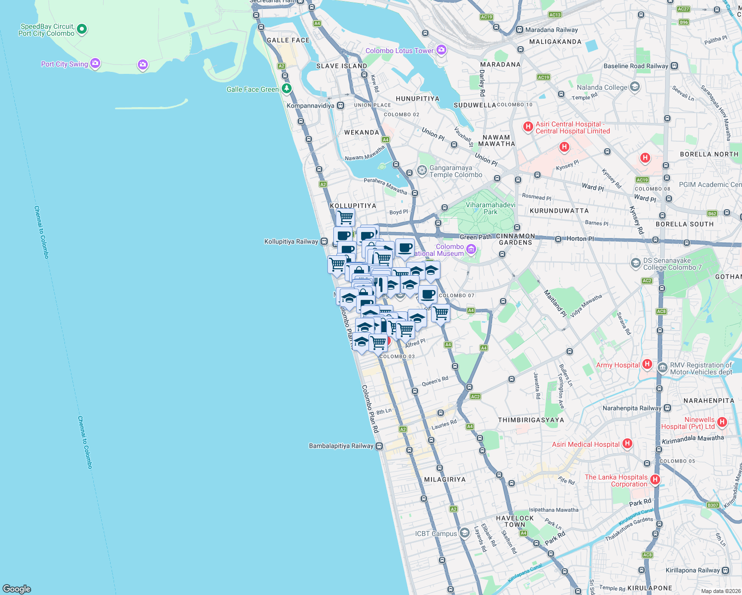map of restaurants, bars, coffee shops, grocery stores, and more near Deal Place in Colombo