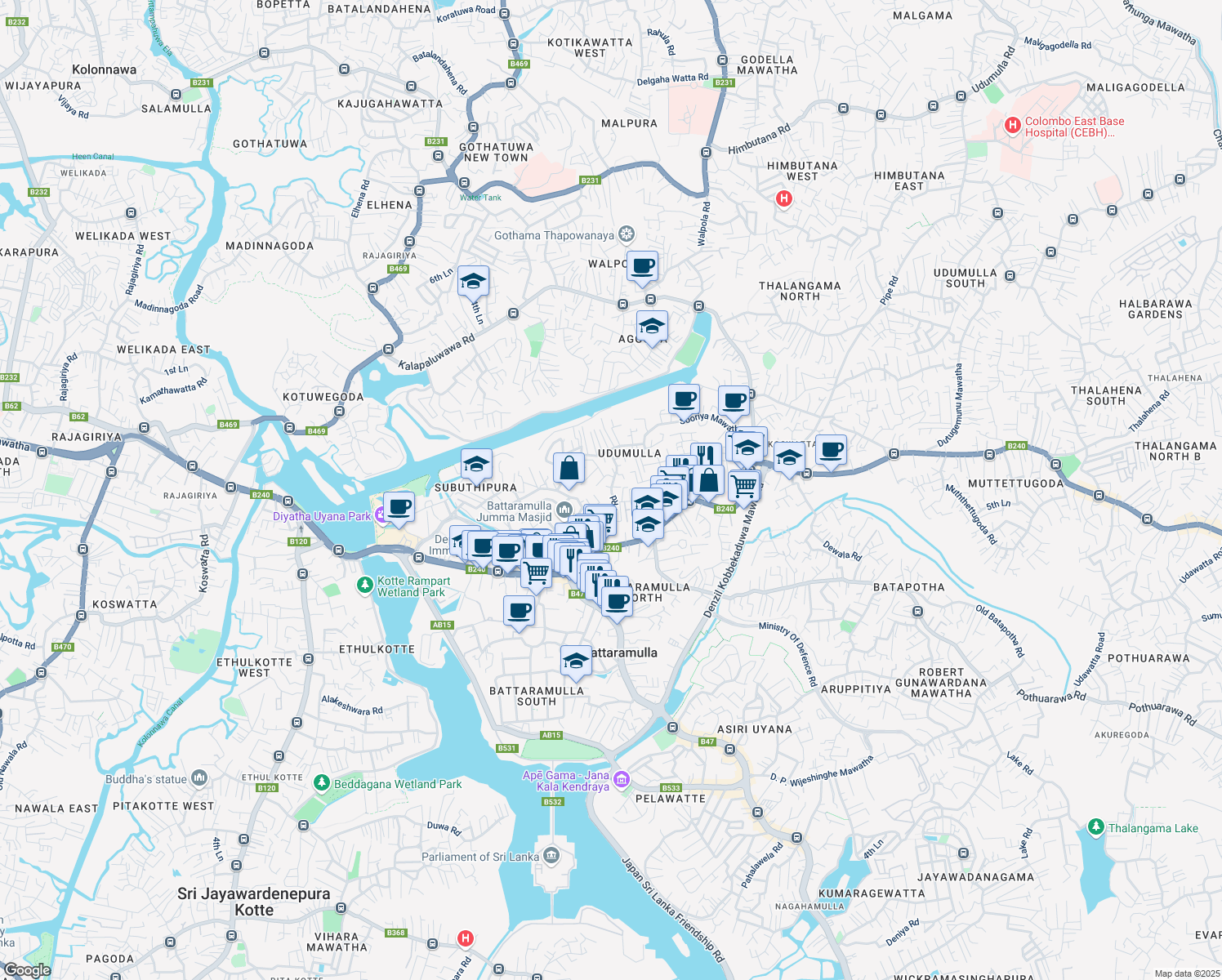 map of restaurants, bars, coffee shops, grocery stores, and more near Udumulla Road in Battaramulla