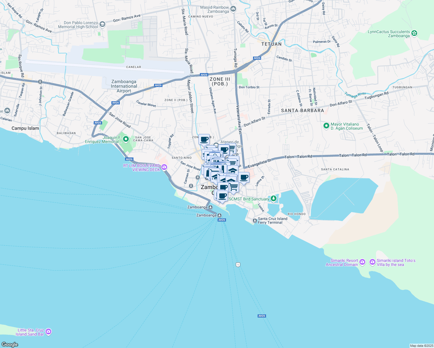 map of restaurants, bars, coffee shops, grocery stores, and more near Tomas Claudio Street in Zamboanga City