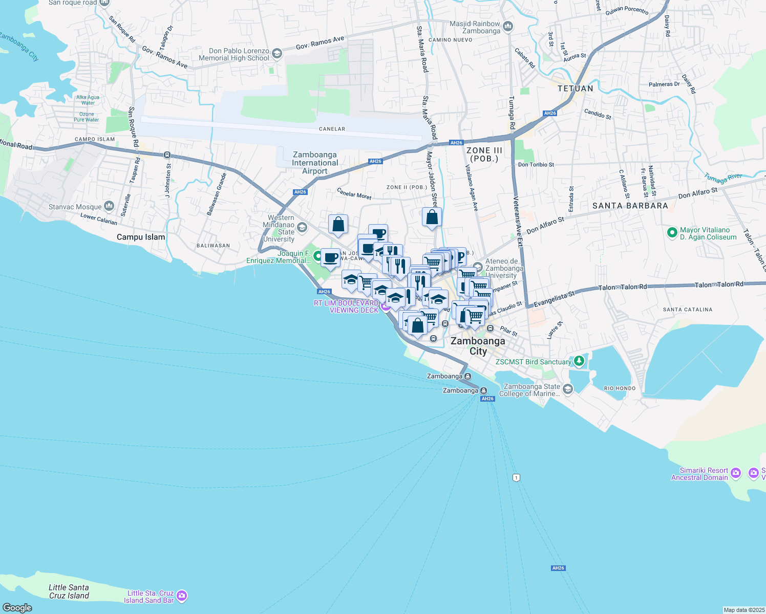 map of restaurants, bars, coffee shops, grocery stores, and more near Gov. Lim Avenue in Zamboanga City