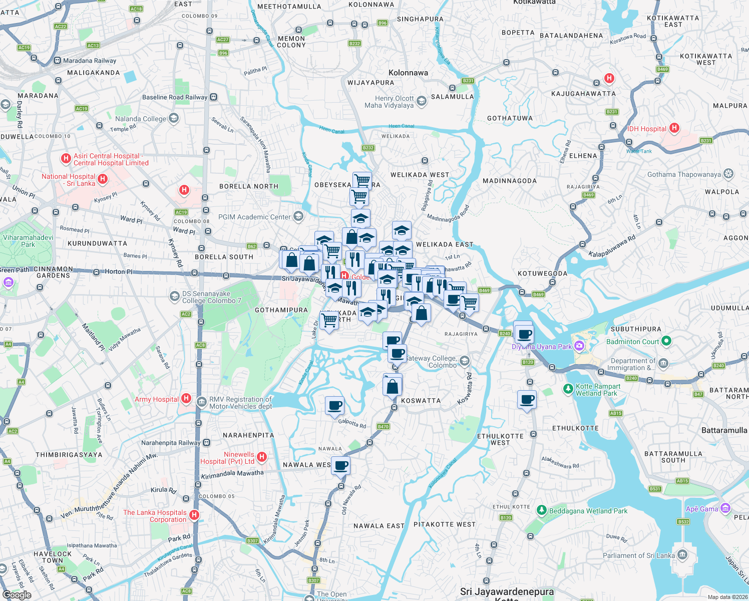 map of restaurants, bars, coffee shops, grocery stores, and more near Sarana Road in Sri Jayawardenepura Kotte