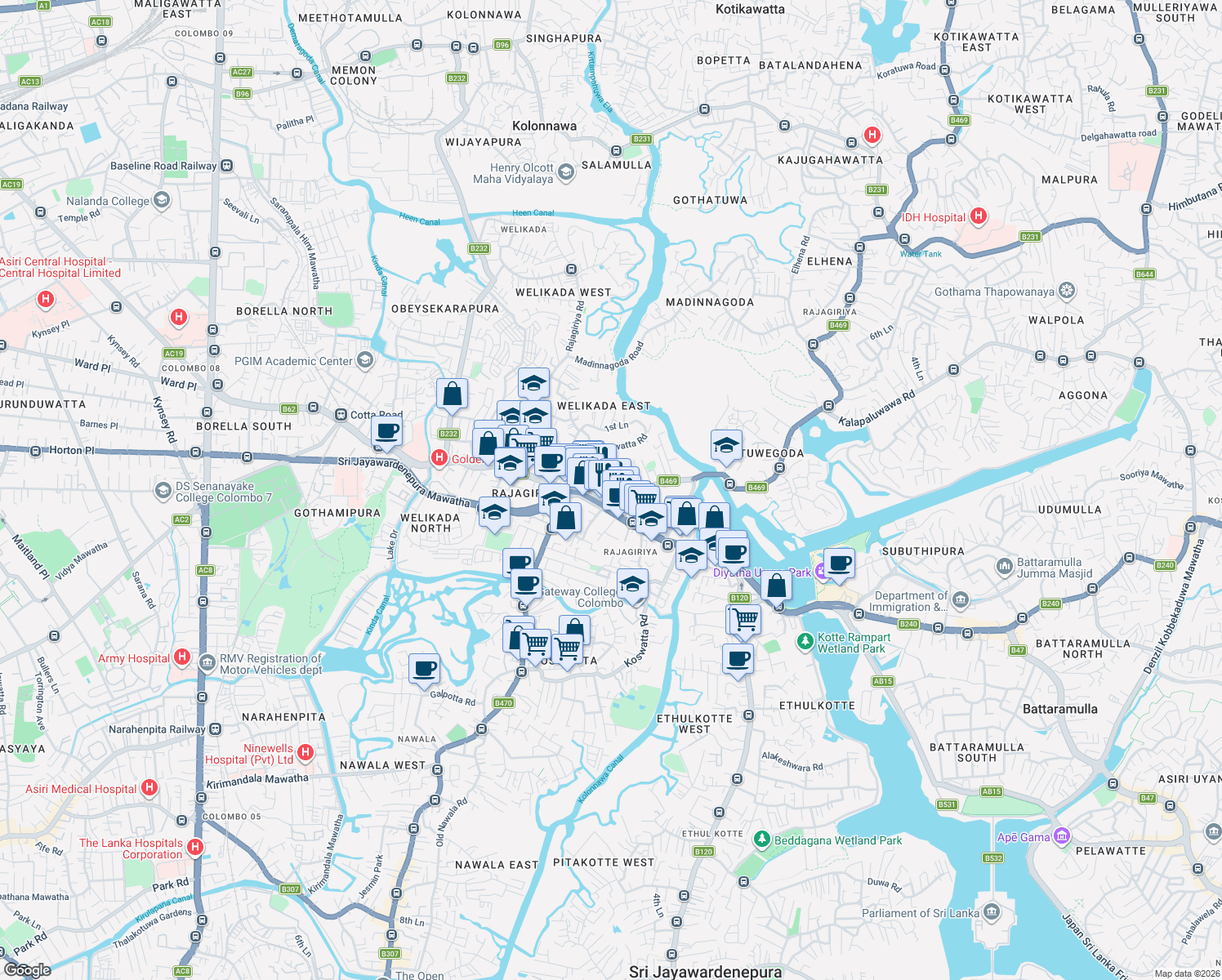 map of restaurants, bars, coffee shops, grocery stores, and more near Buthgamuwa Road in Sri Jayawardenepura Kotte