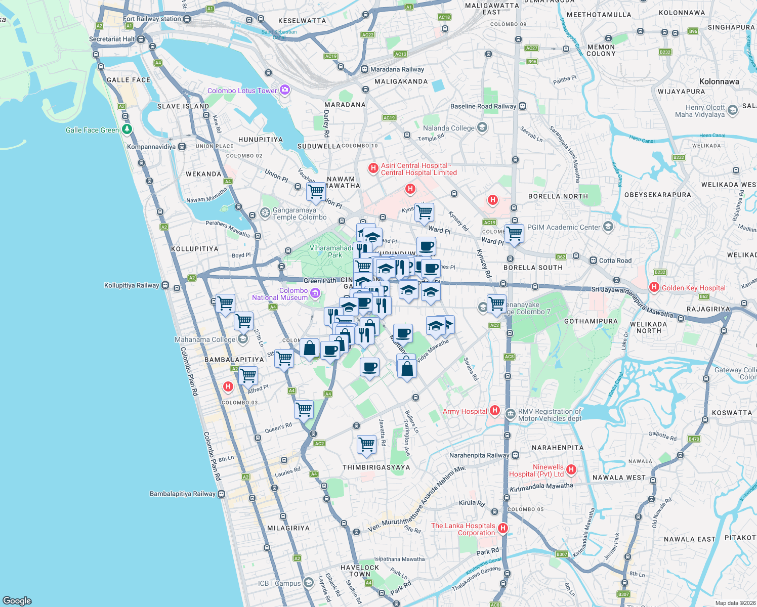 map of restaurants, bars, coffee shops, grocery stores, and more near Maitland Crescent in Colombo