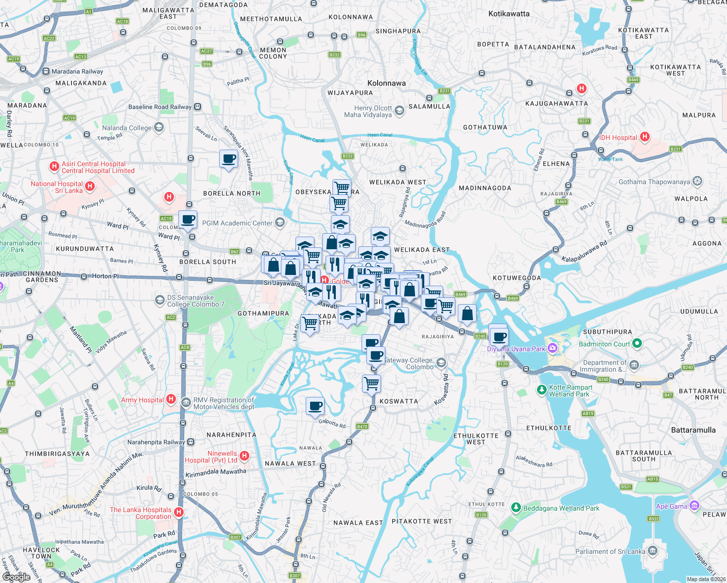 map of restaurants, bars, coffee shops, grocery stores, and more near Sarana Road in Sri Jayawardenepura Kotte