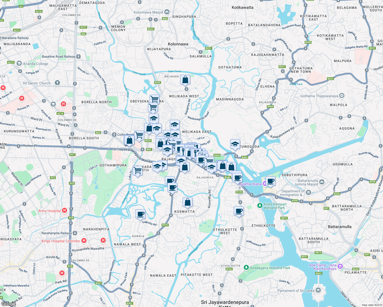 map of restaurants, bars, coffee shops, grocery stores, and more near Meda Welikada Road in Sri Jayawardenepura Kotte