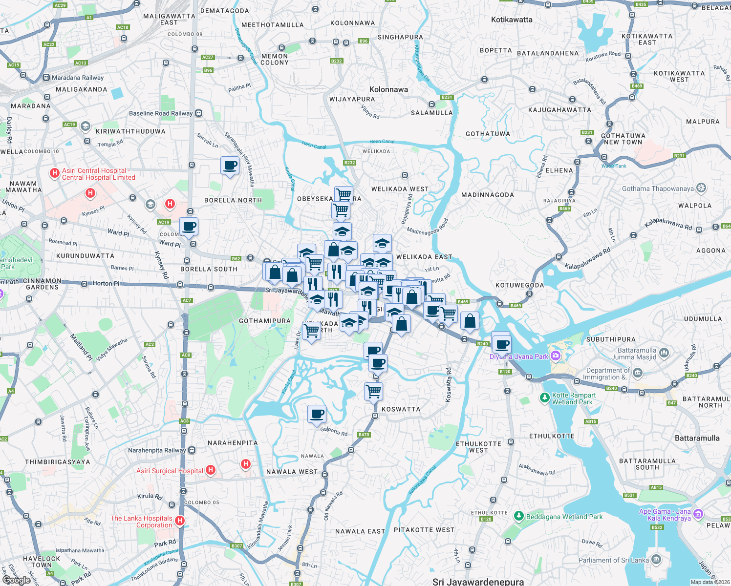 map of restaurants, bars, coffee shops, grocery stores, and more near Borella - Rajagiriya Road in Sri Jayawardenepura Kotte