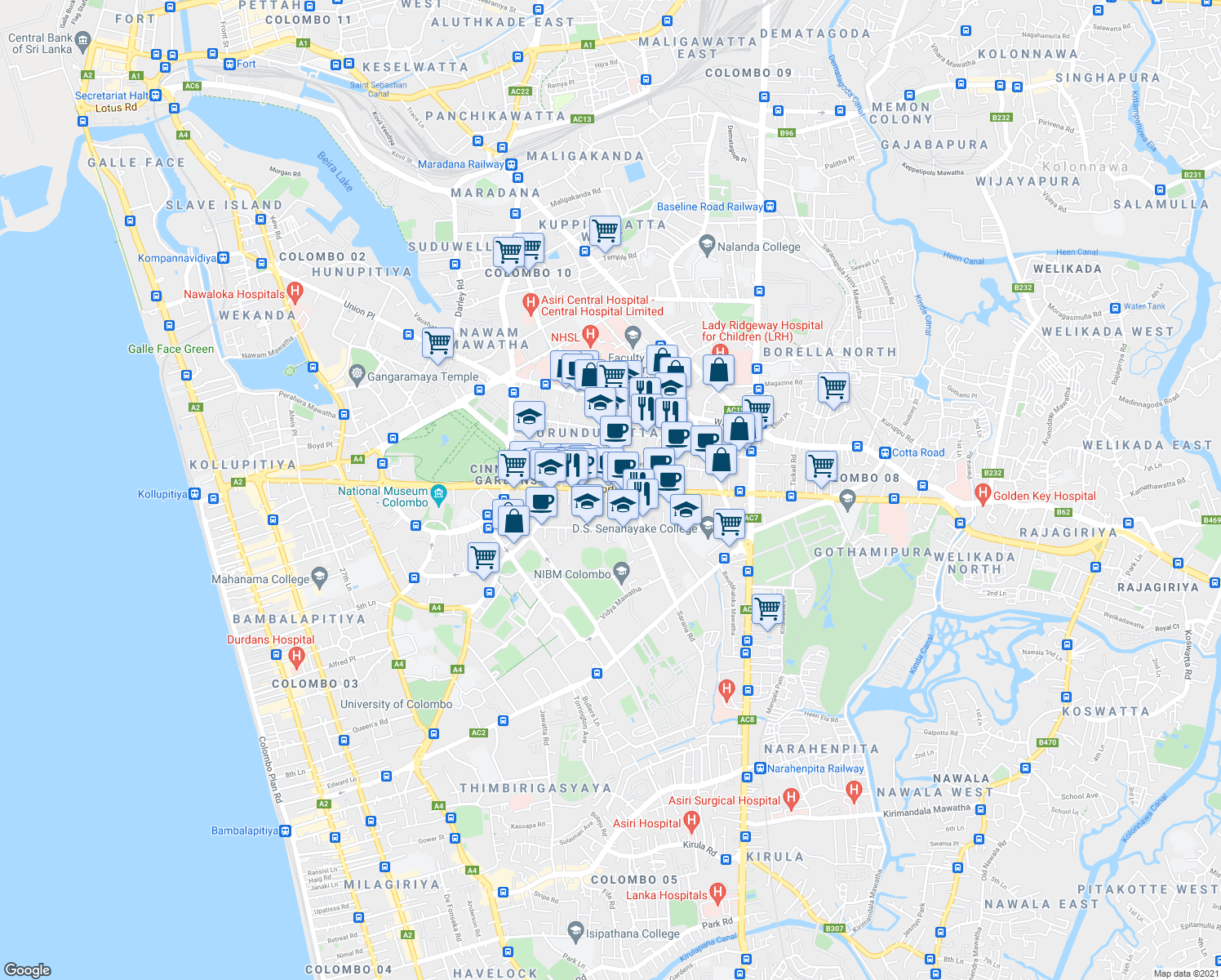 map of restaurants, bars, coffee shops, grocery stores, and more near Horton Place in Colombo