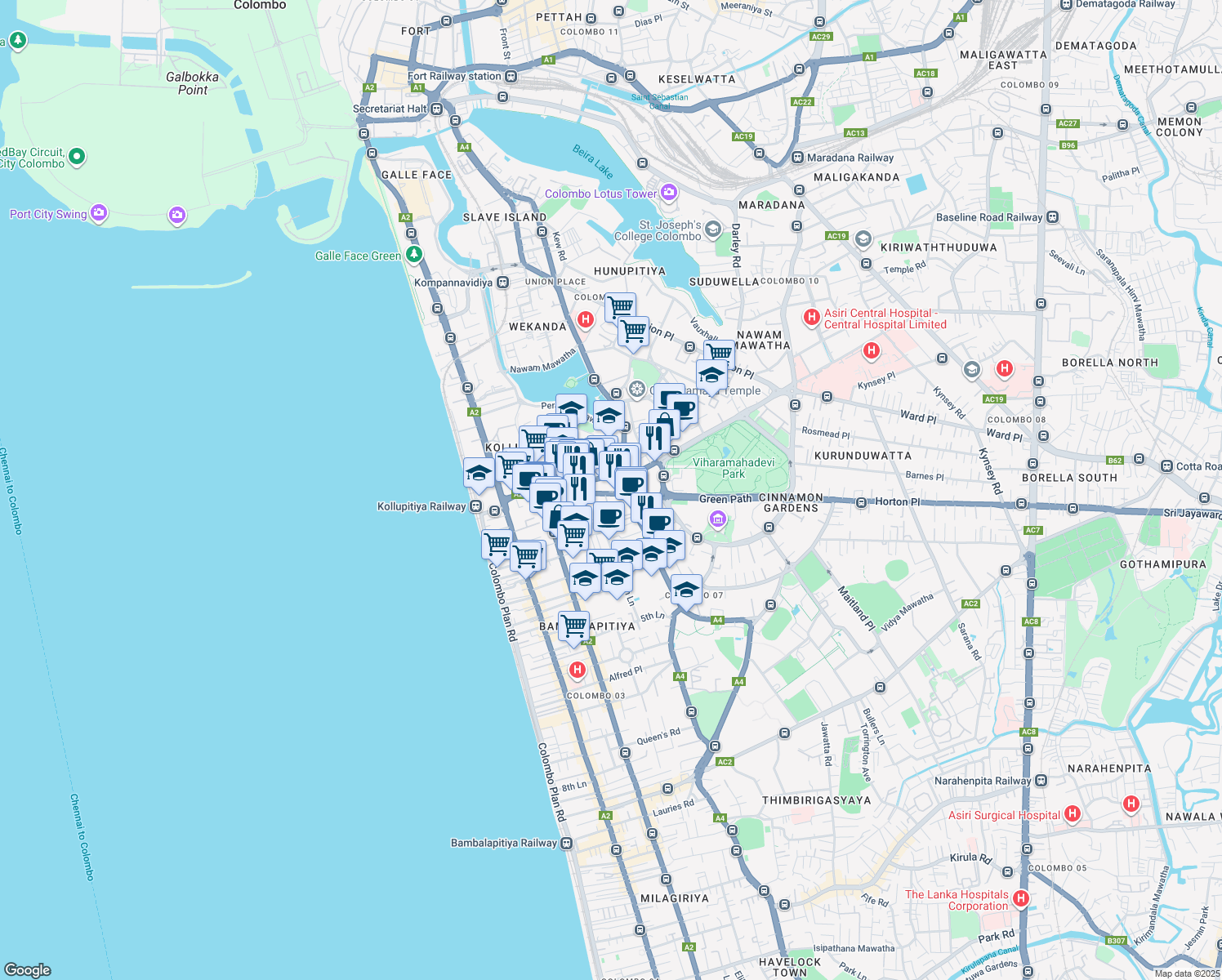 map of restaurants, bars, coffee shops, grocery stores, and more near 59 Ananda Coomaraswamy Mawatha in Colombo