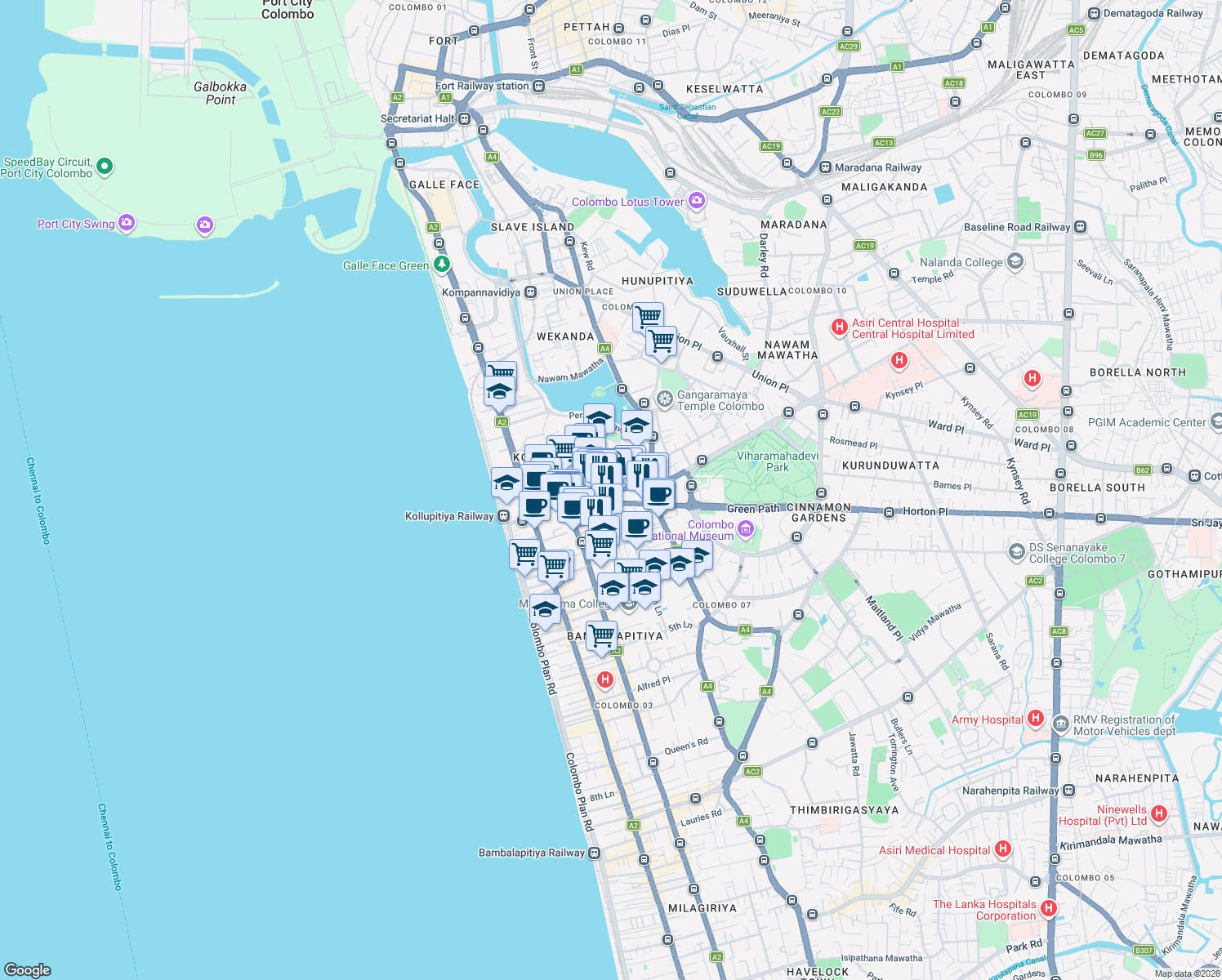 map of restaurants, bars, coffee shops, grocery stores, and more near Srimath Anagarika Dharmapala Mawatha in Colombo