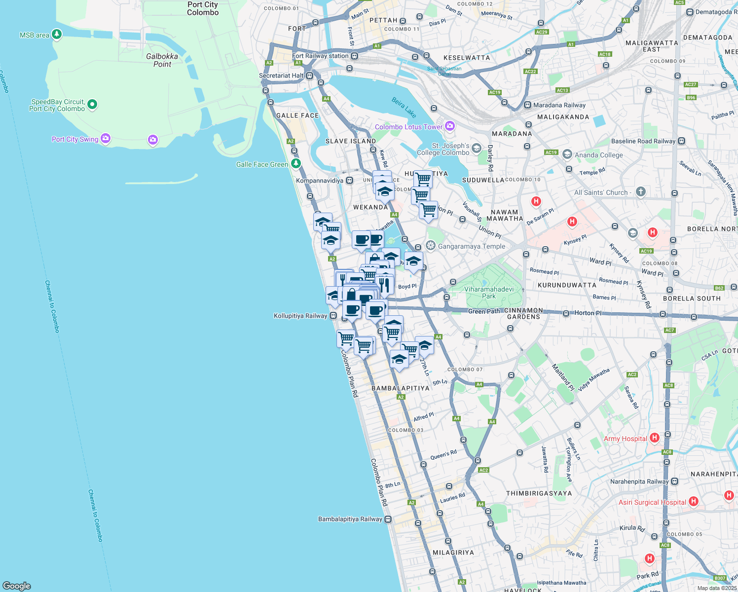map of restaurants, bars, coffee shops, grocery stores, and more near Sri Uttarananda Mawatha in Colombo
