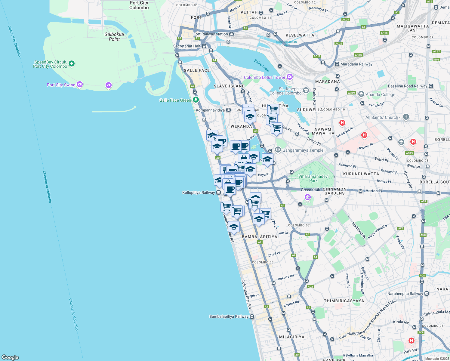 map of restaurants, bars, coffee shops, grocery stores, and more near 210 Galle Road in Colombo