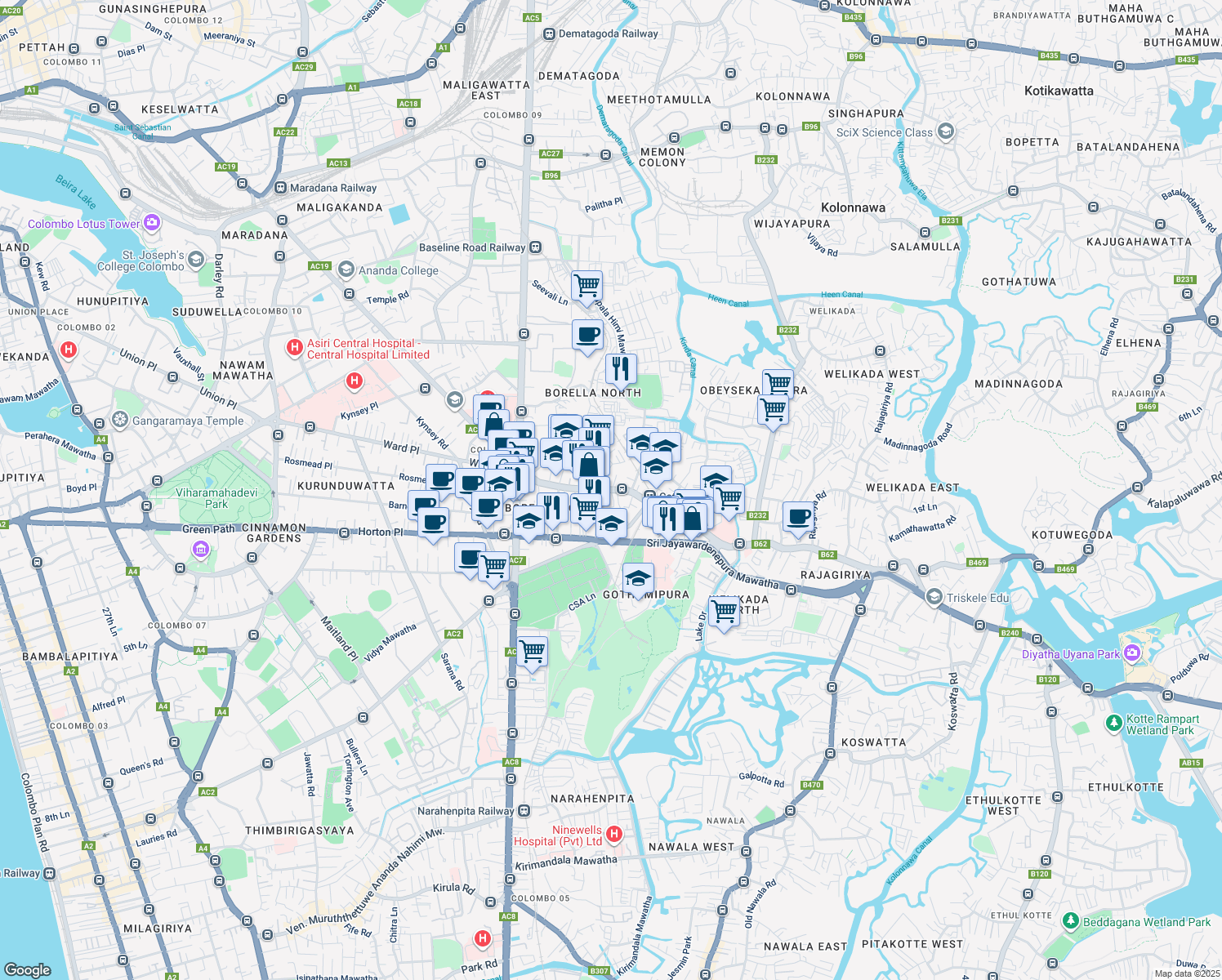 map of restaurants, bars, coffee shops, grocery stores, and more near Cotta Road in Colombo