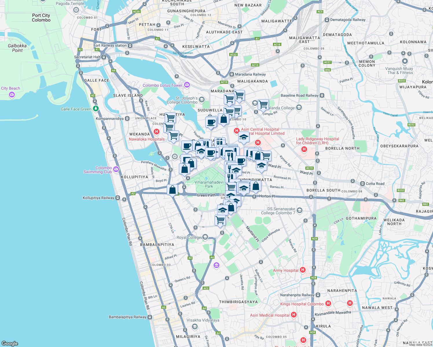 map of restaurants, bars, coffee shops, grocery stores, and more near 7 F. R. Senanayake Mawatha in Colombo