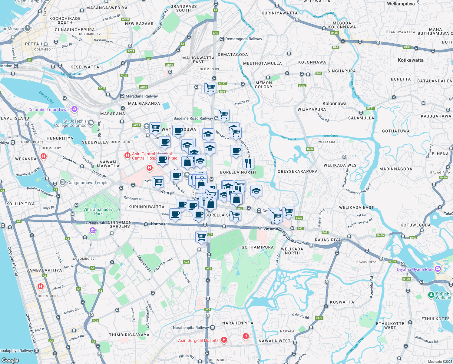 map of restaurants, bars, coffee shops, grocery stores, and more near 28 Leslie Ranagala Mawatha in Colombo